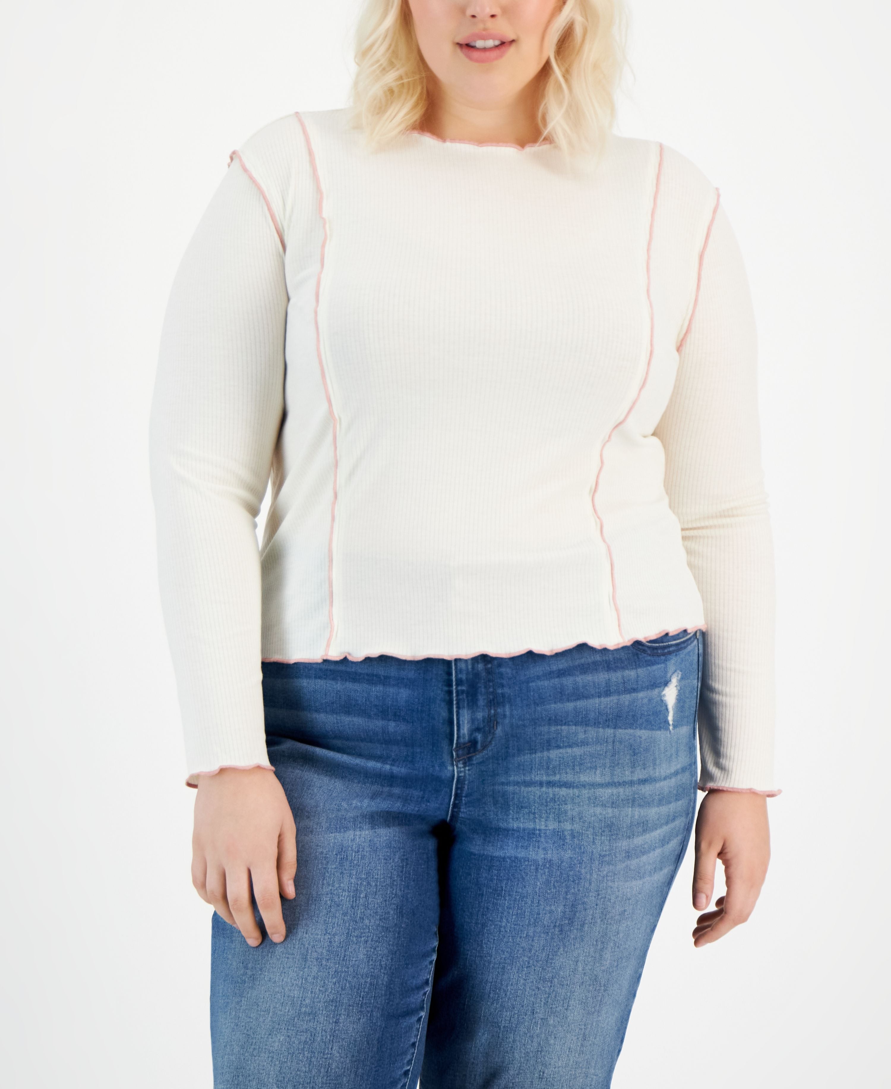 Plus Size Contrast-Stitch Long-Sleeve Knit Top