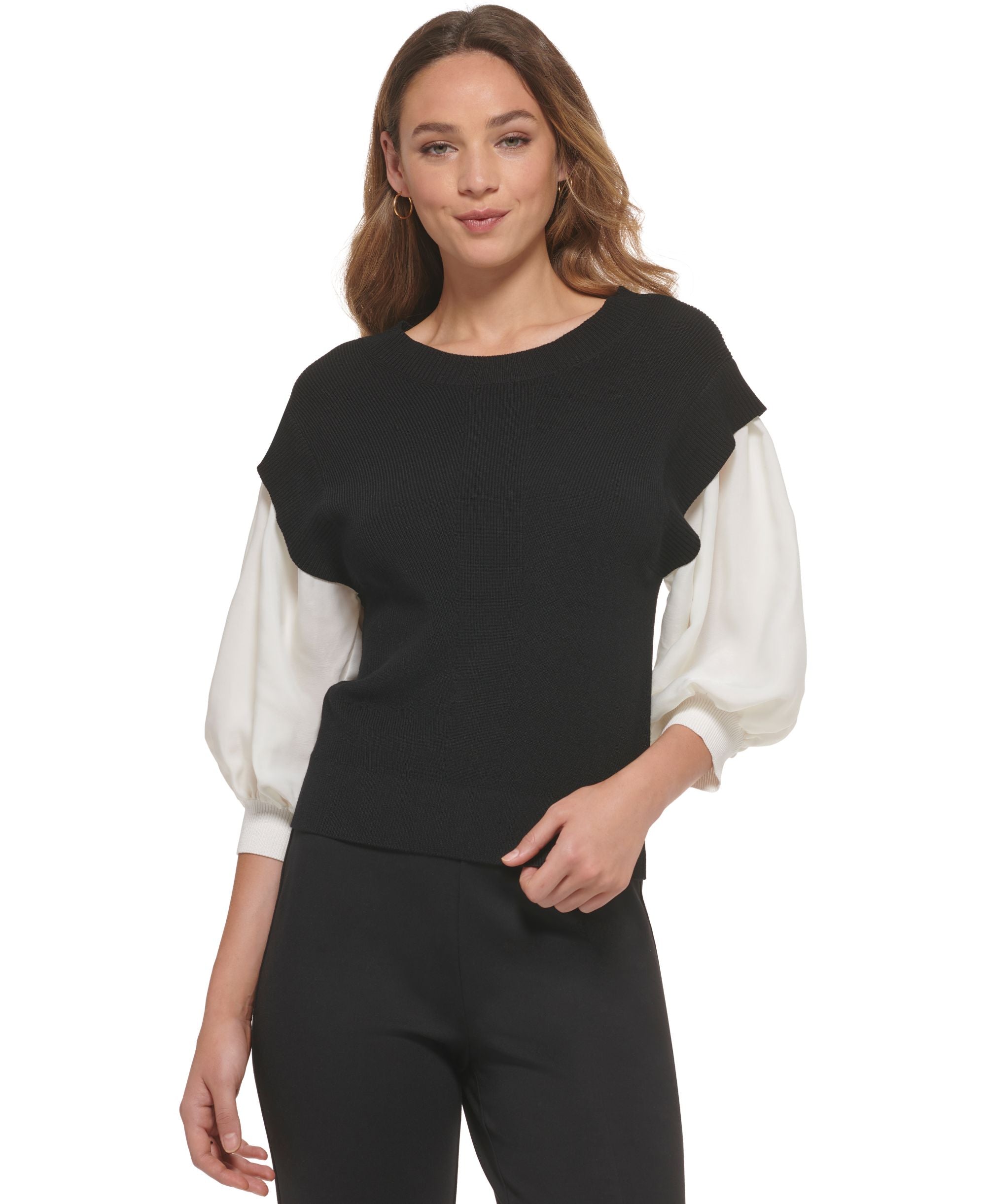 Women's Mixed-Media Blouson 3/4-Sleeve Sweater