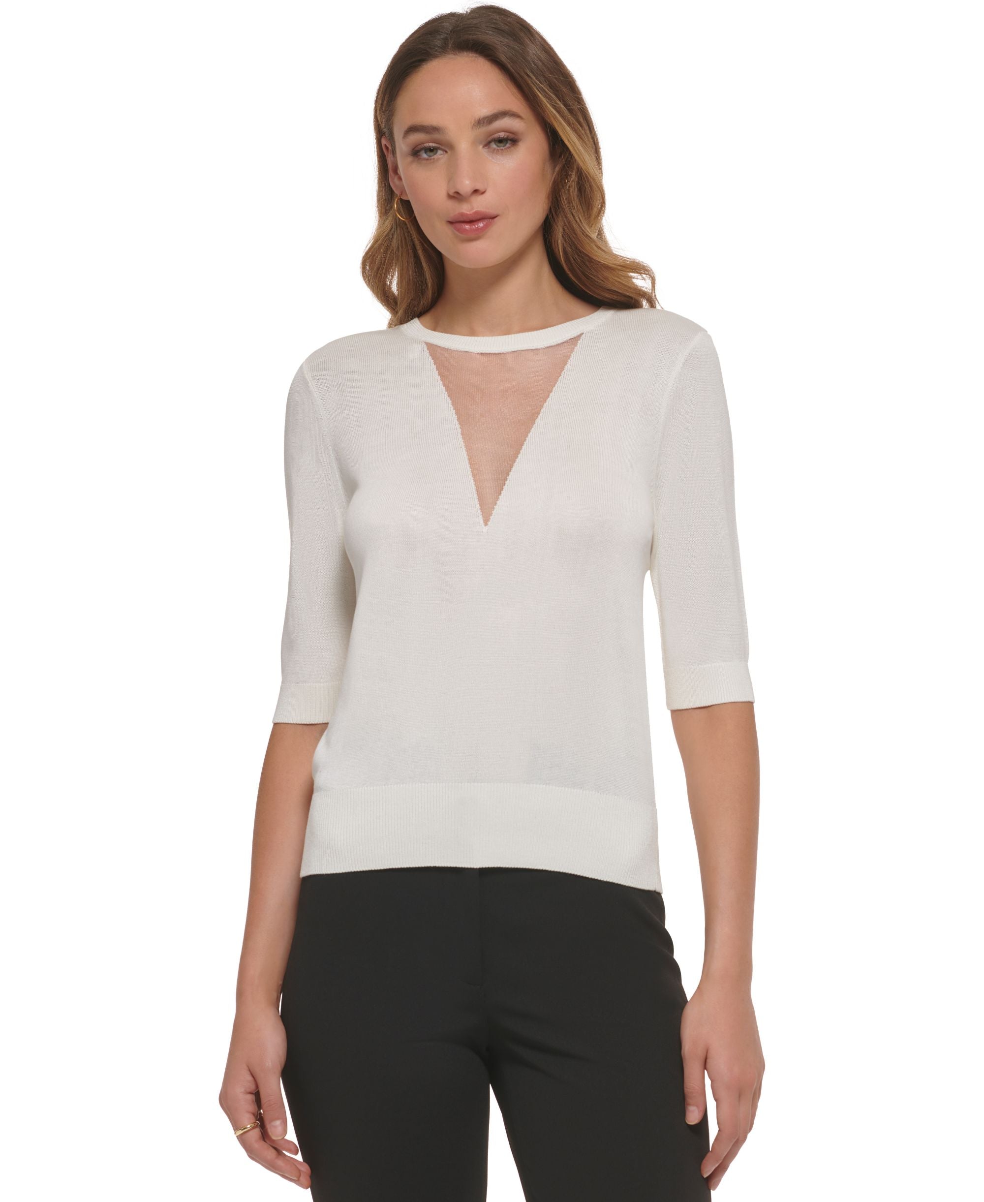 Women's Mesh V-Split Crewneck Elbow-Sleeve Sweater