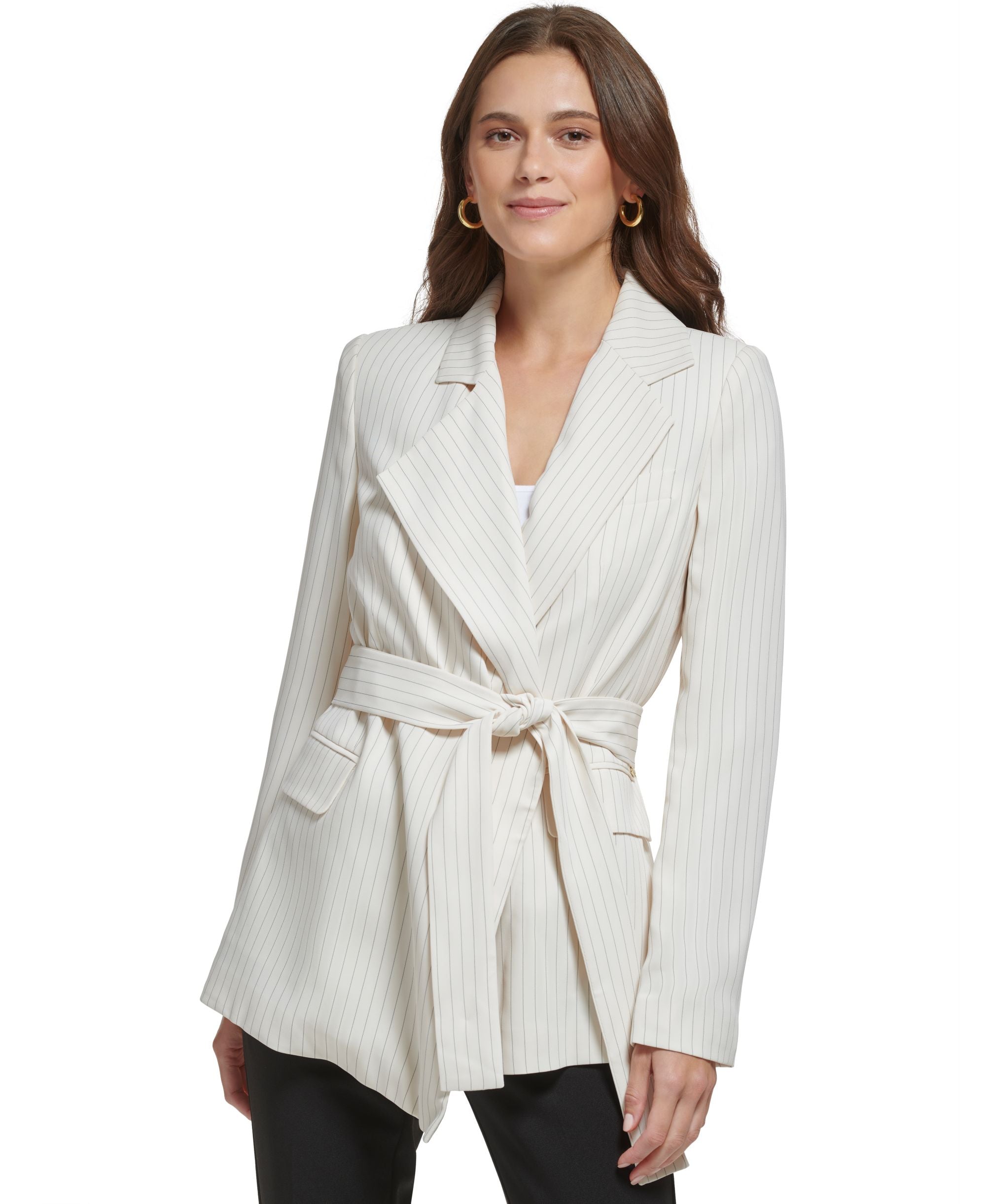 DKNY Womens Pinstriped Belted Jacket