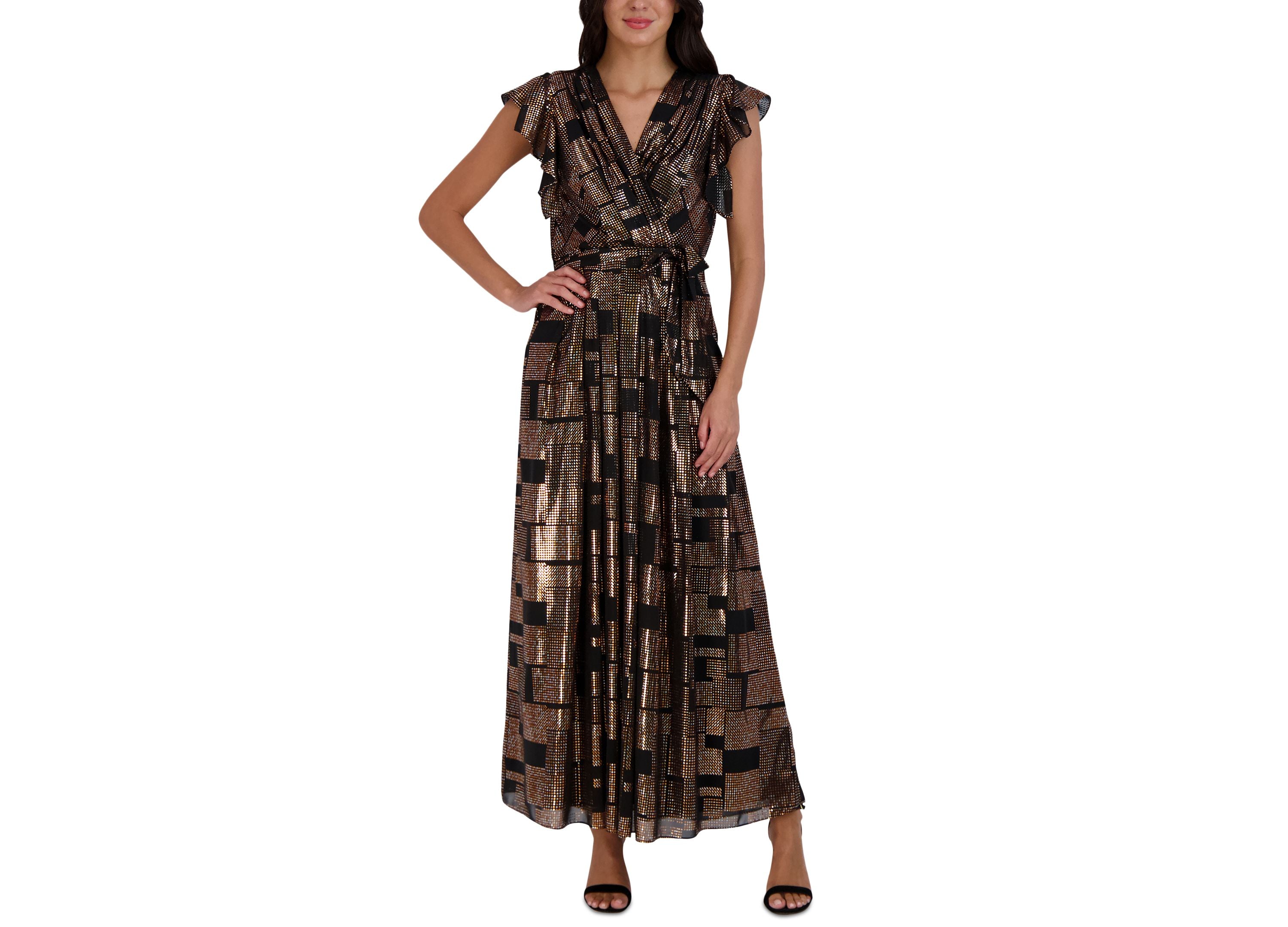 Women's Metallic Flutter-Sleeve Maxi Dress