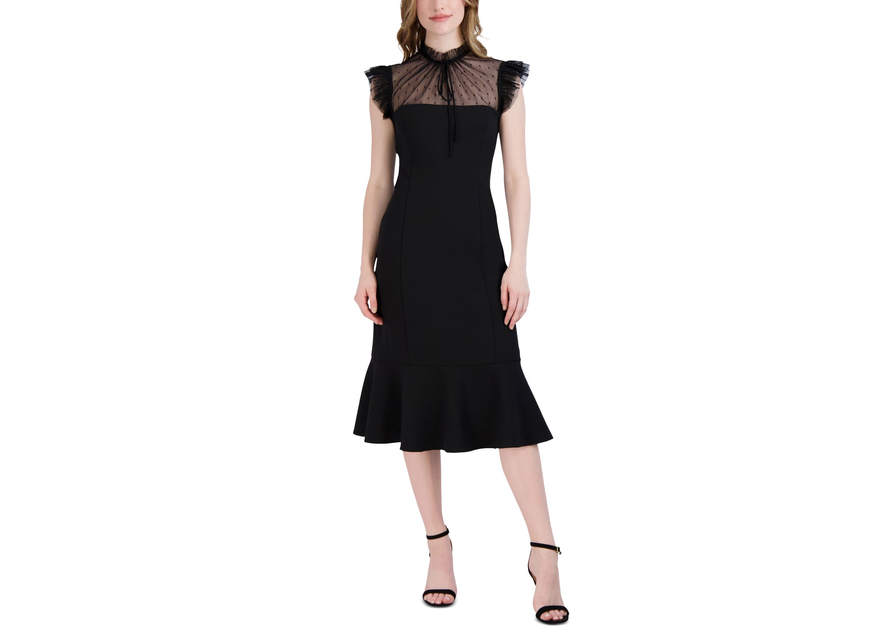 Women's Ruffled Illusion-Yoke Midi Dress