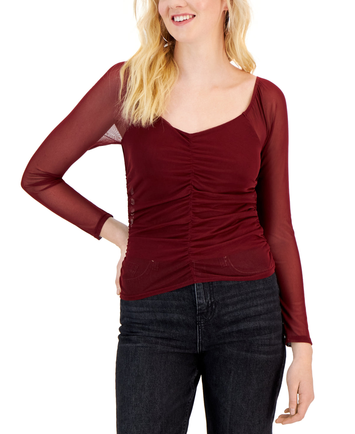 Juniors' Ruched-Front Mesh-Sleeve Top