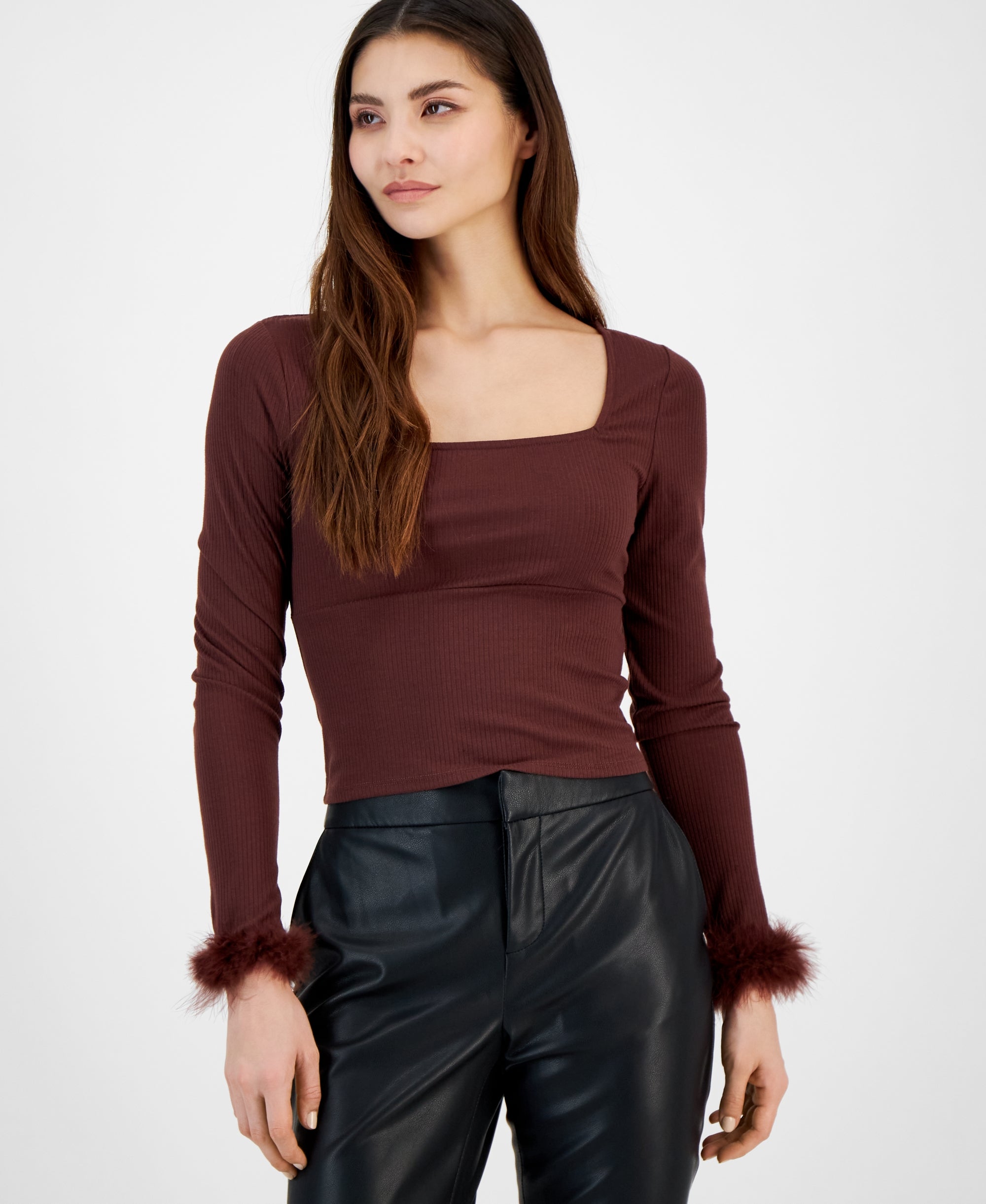 Juniors' Faux-Feather-Cuff Ribbed Top