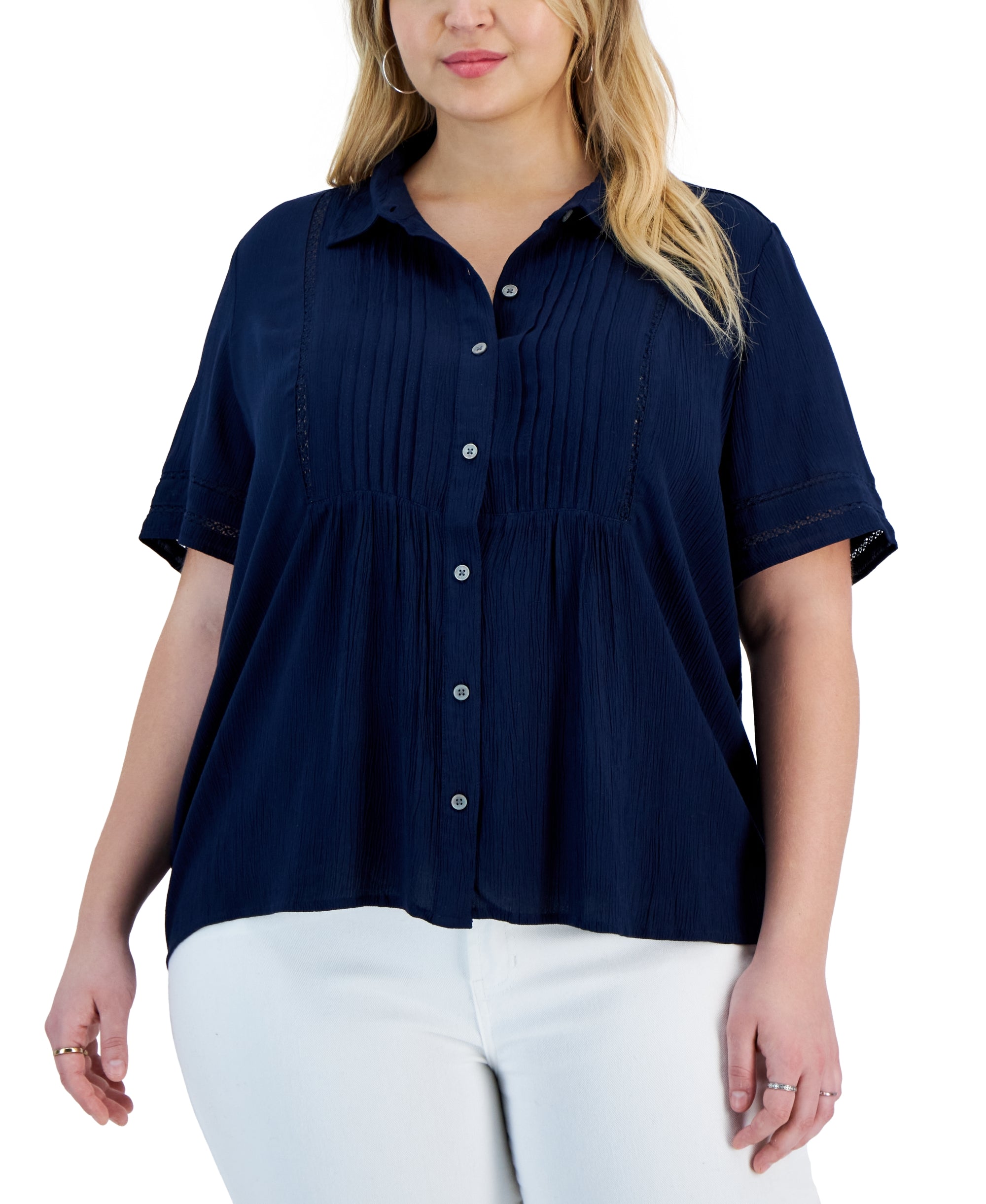 Plus Size Collared Pintuck Top