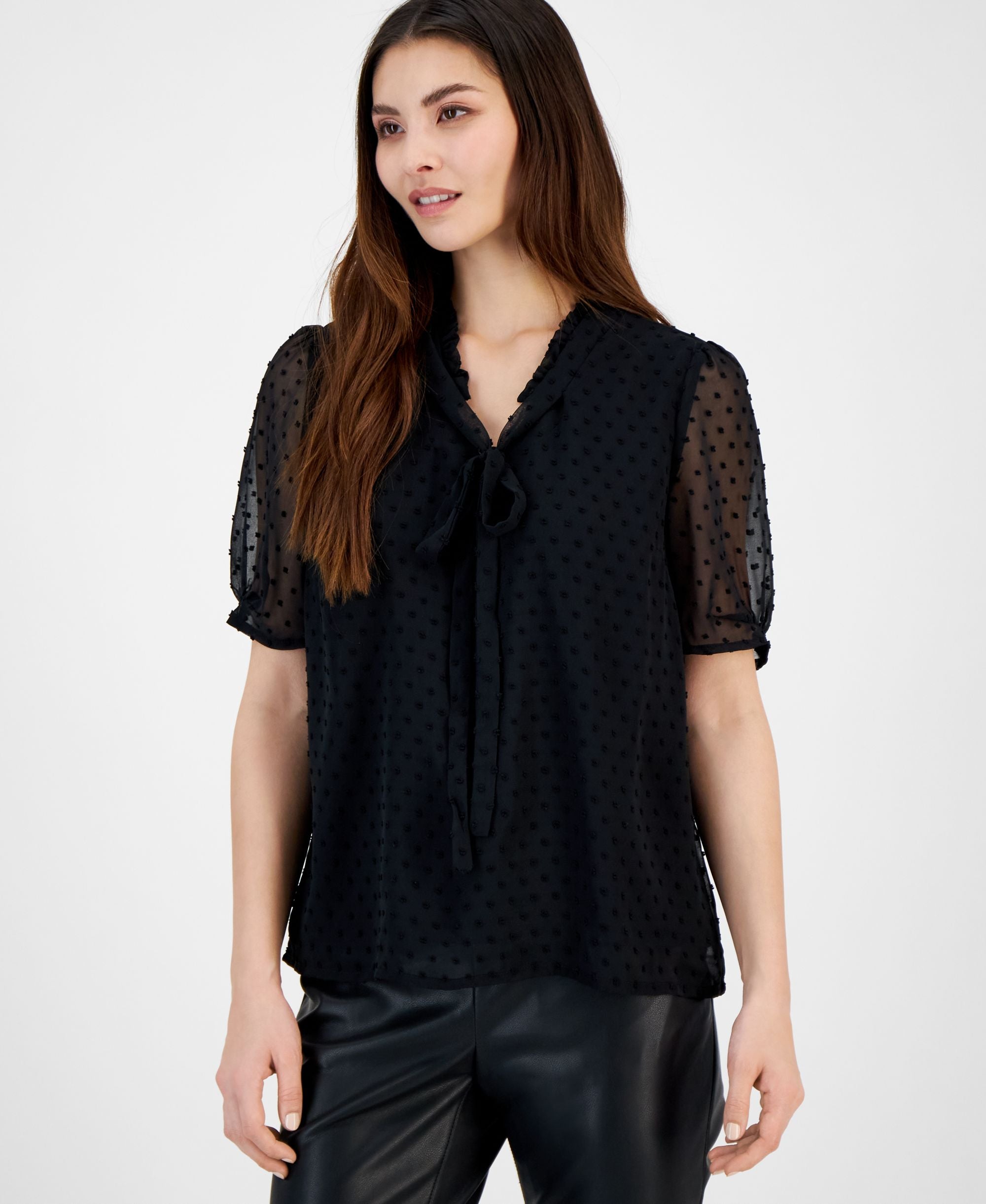 Petite Clip-Dot Tie-Neck Short-Sleeved Blouse