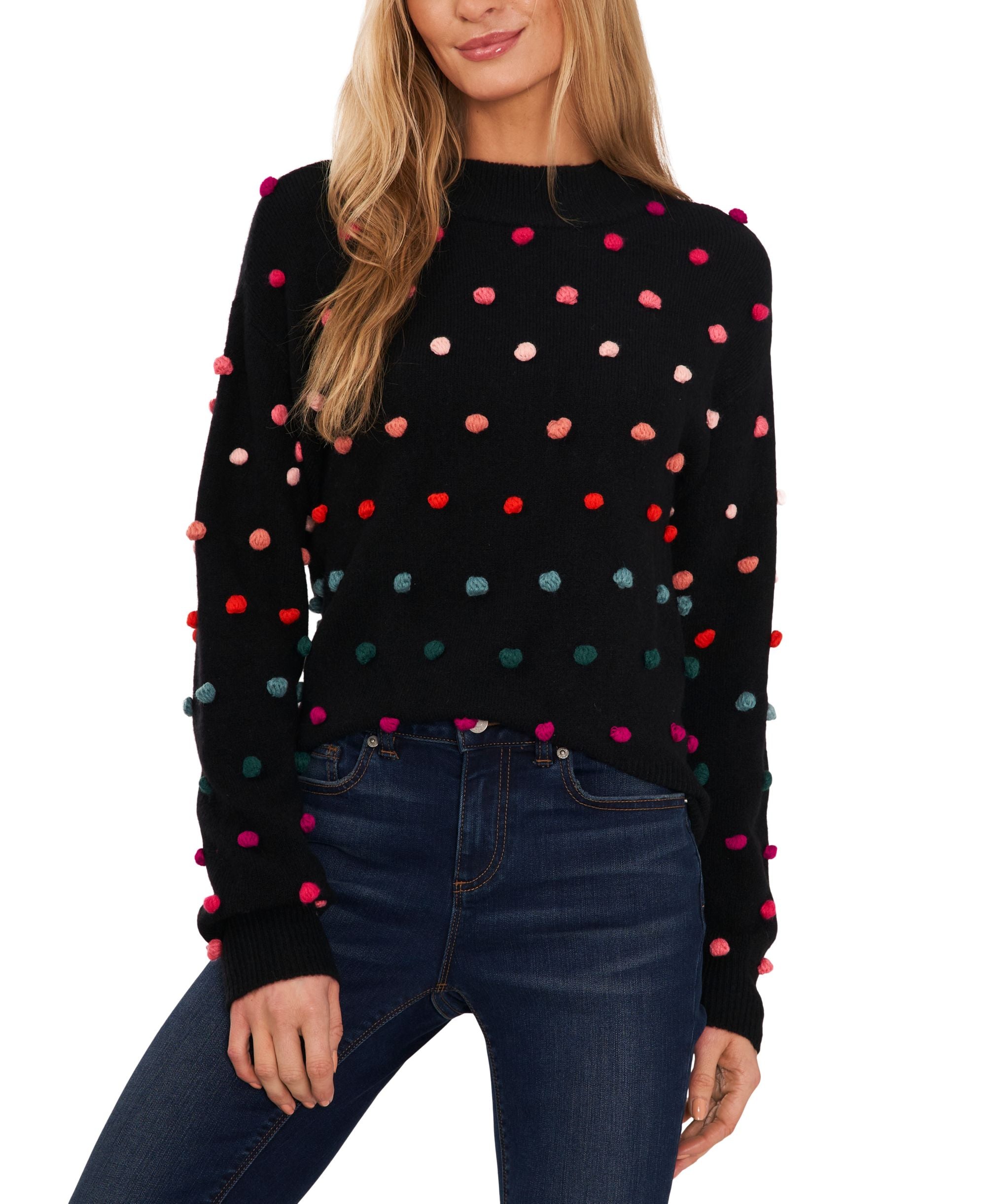 Women's Mock Neck Rainbow Pom Pom Sweater