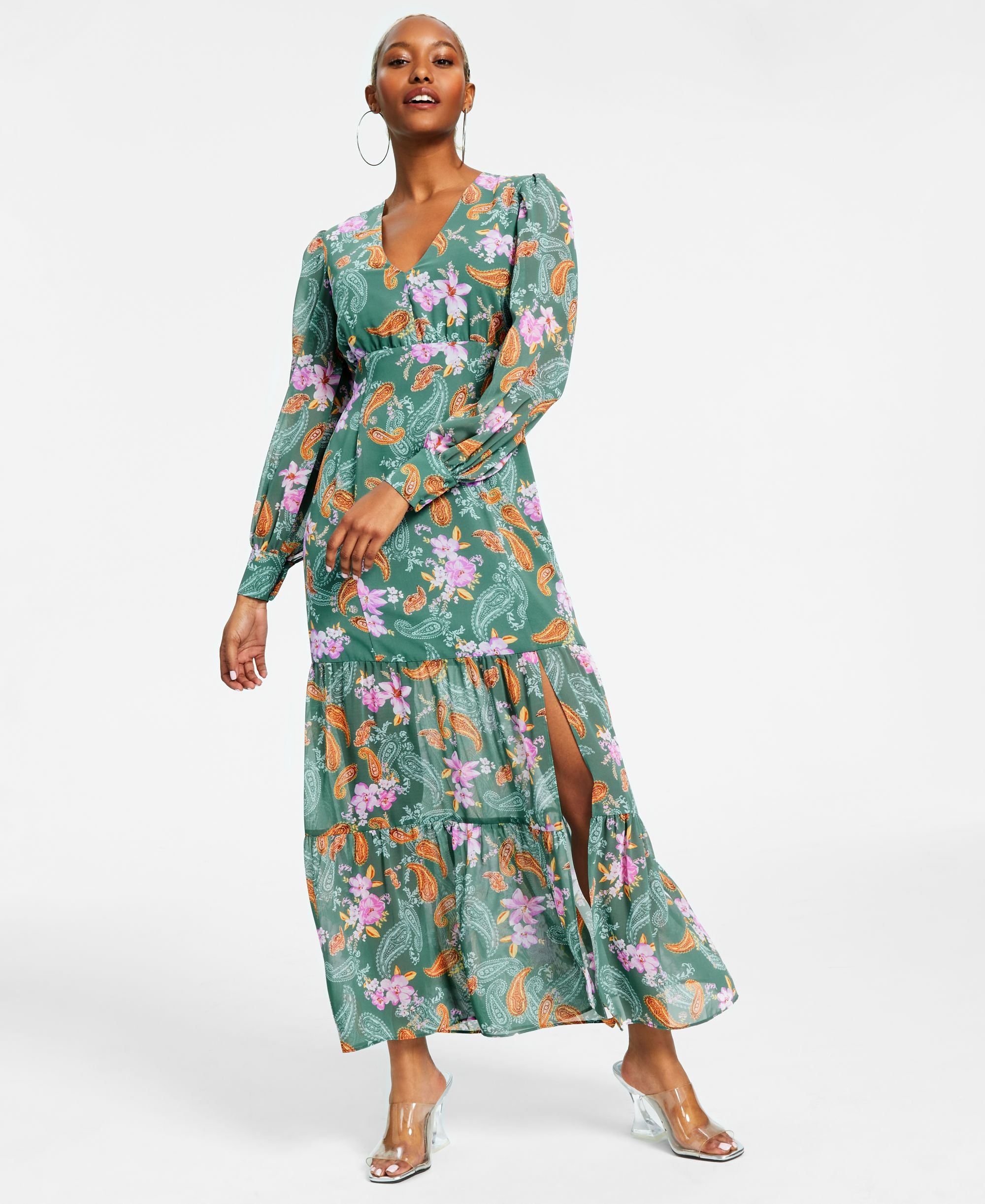 Petite Floral Chiffon Long-Sleeve Maxi Dress
