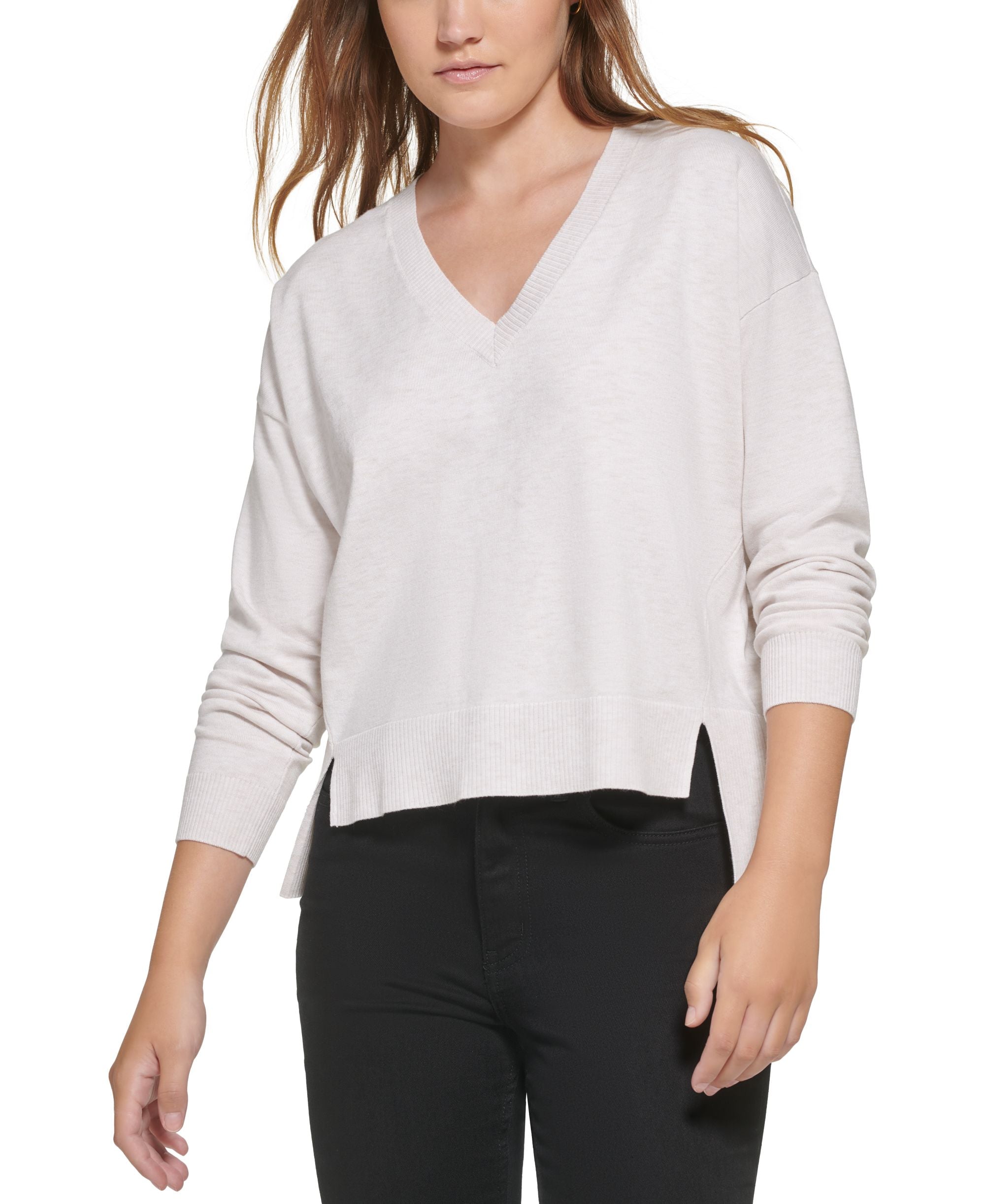 Petite High-Low Hem V-Neck Long-Sleeve Sweater
