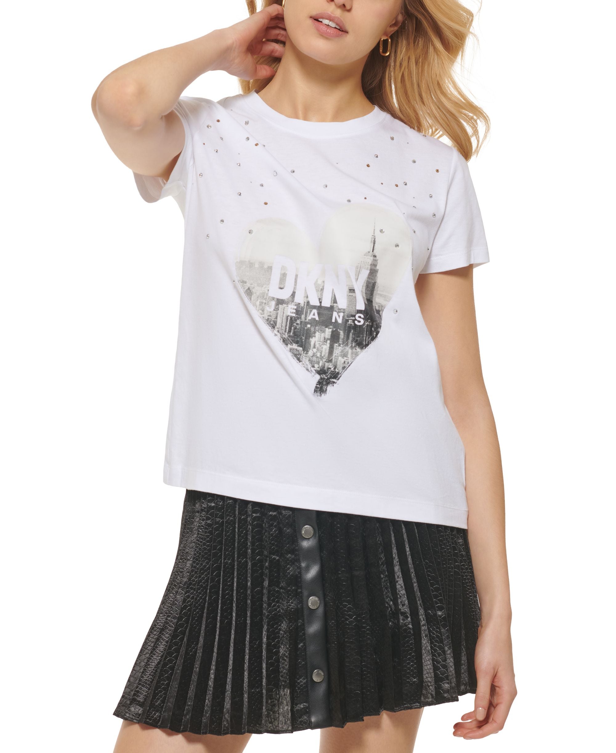 DKNY Jeans Womens Crewneck Embellished Logo T-Shirt