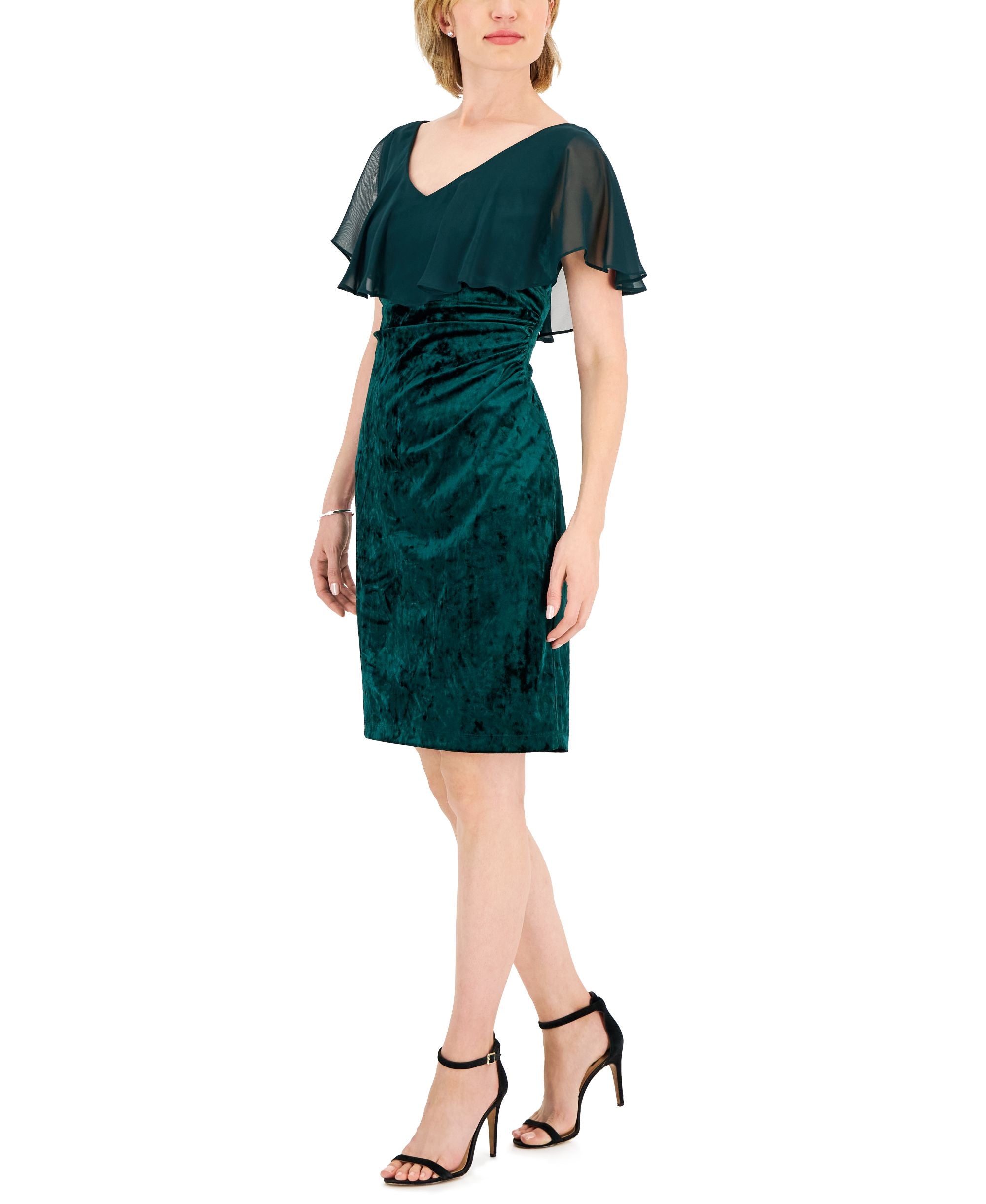 Women's Cape-Overlay Ruched Velvet Dress