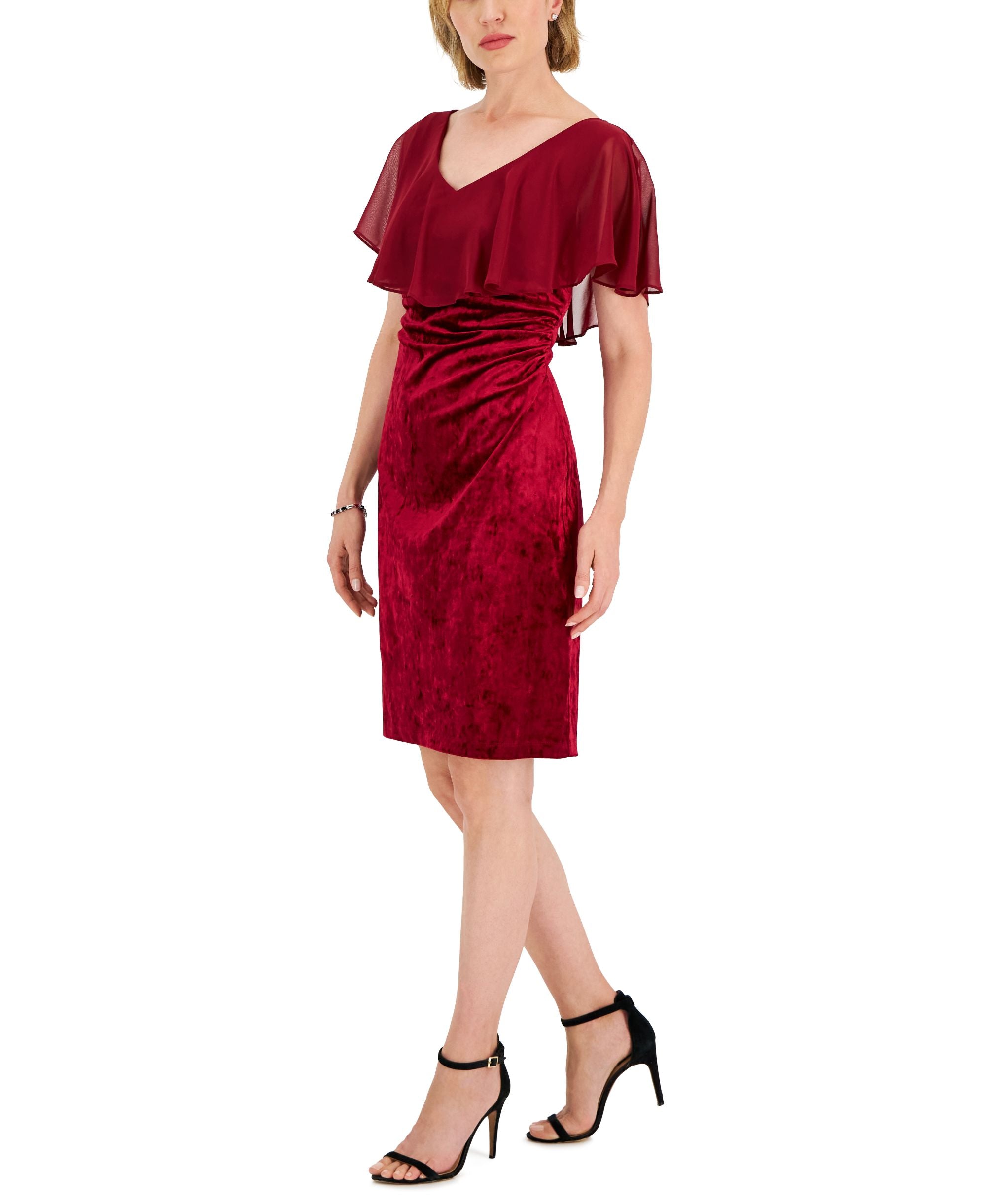 Women's Cape-Overlay Ruched Velvet Dress