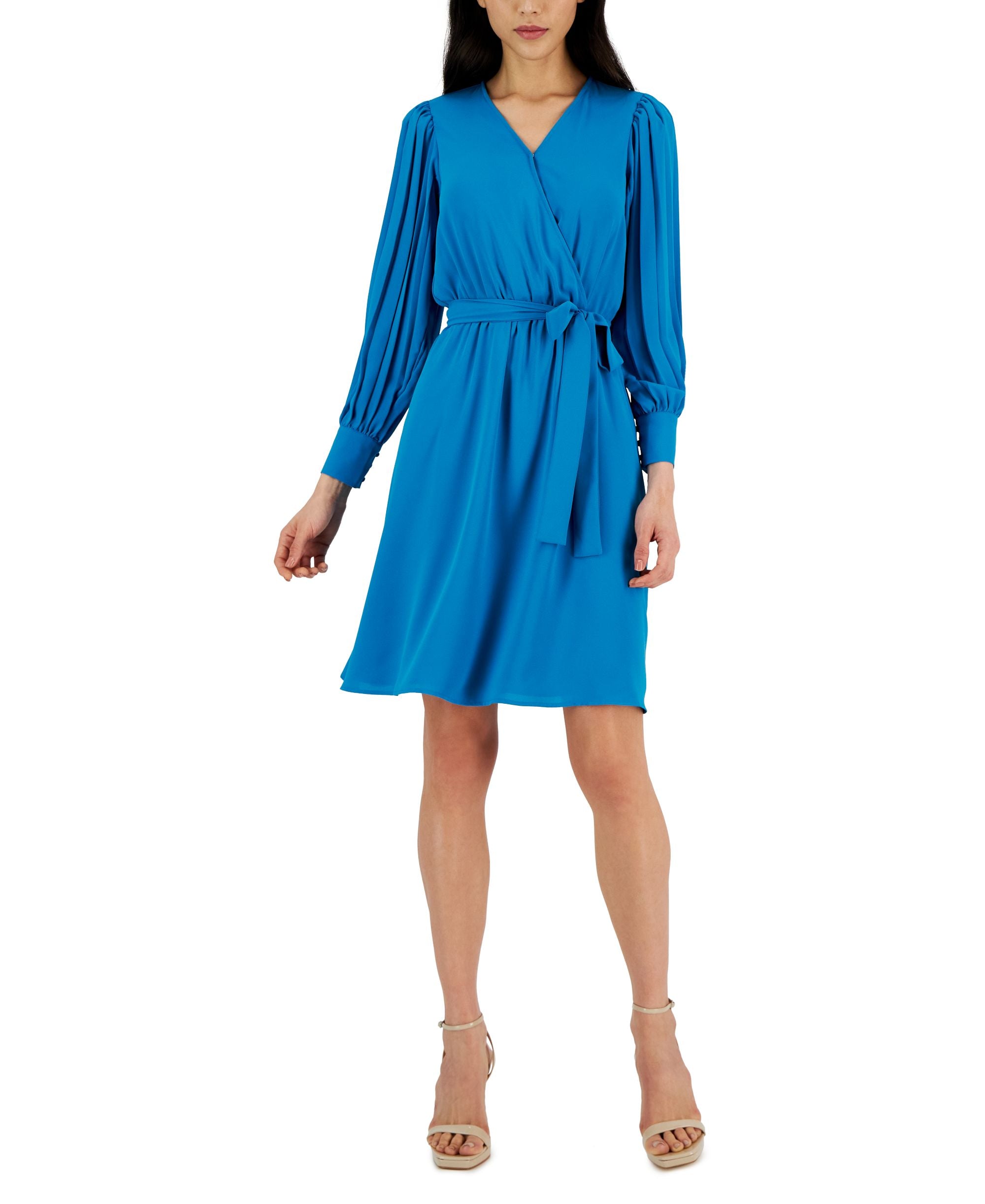 Anne Klein Womens V-Neck Pleated-Long-Sleeve Dress