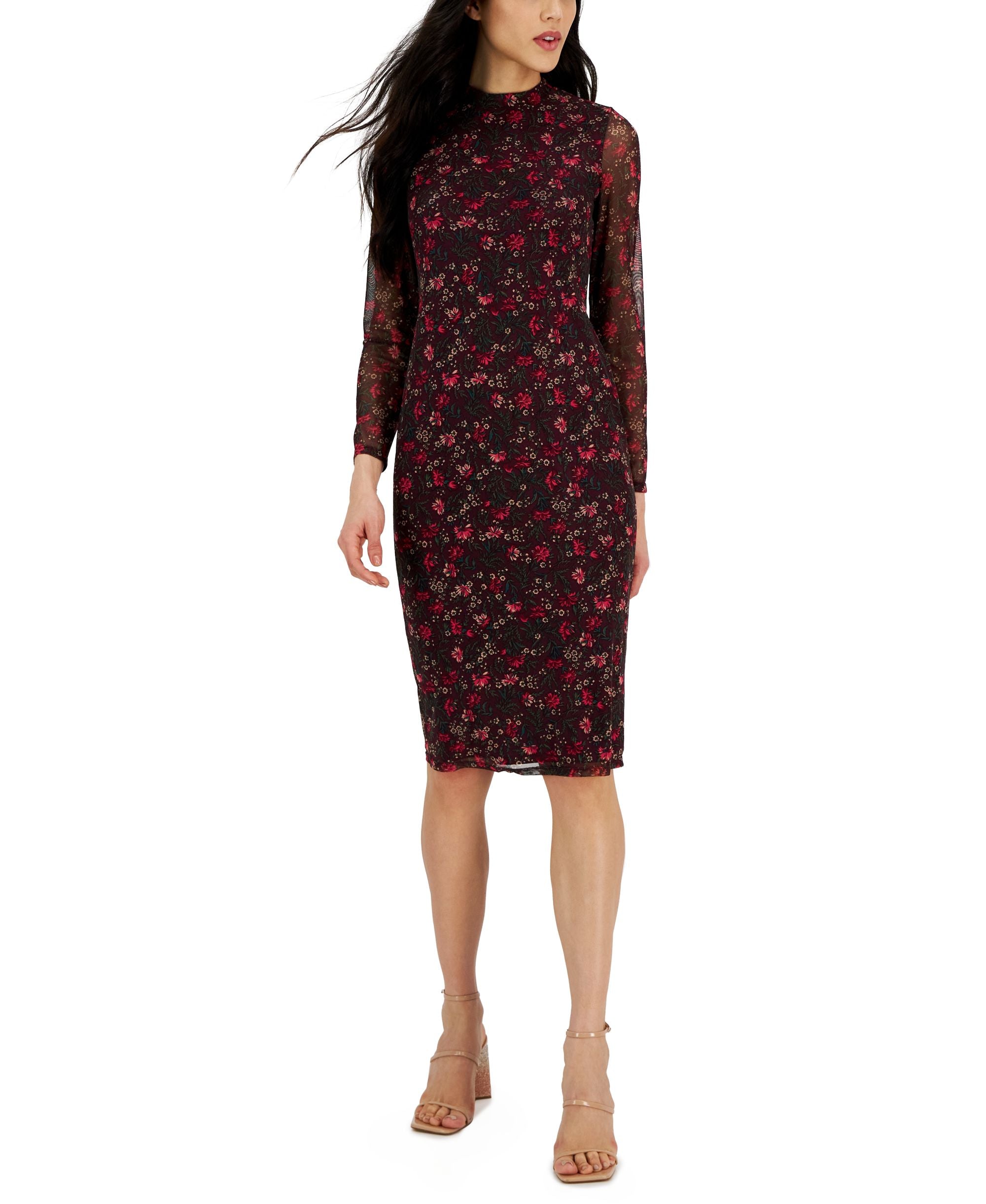 Inc International Concepts Womens Printed Long-Sleeve Fitted Midi Dress