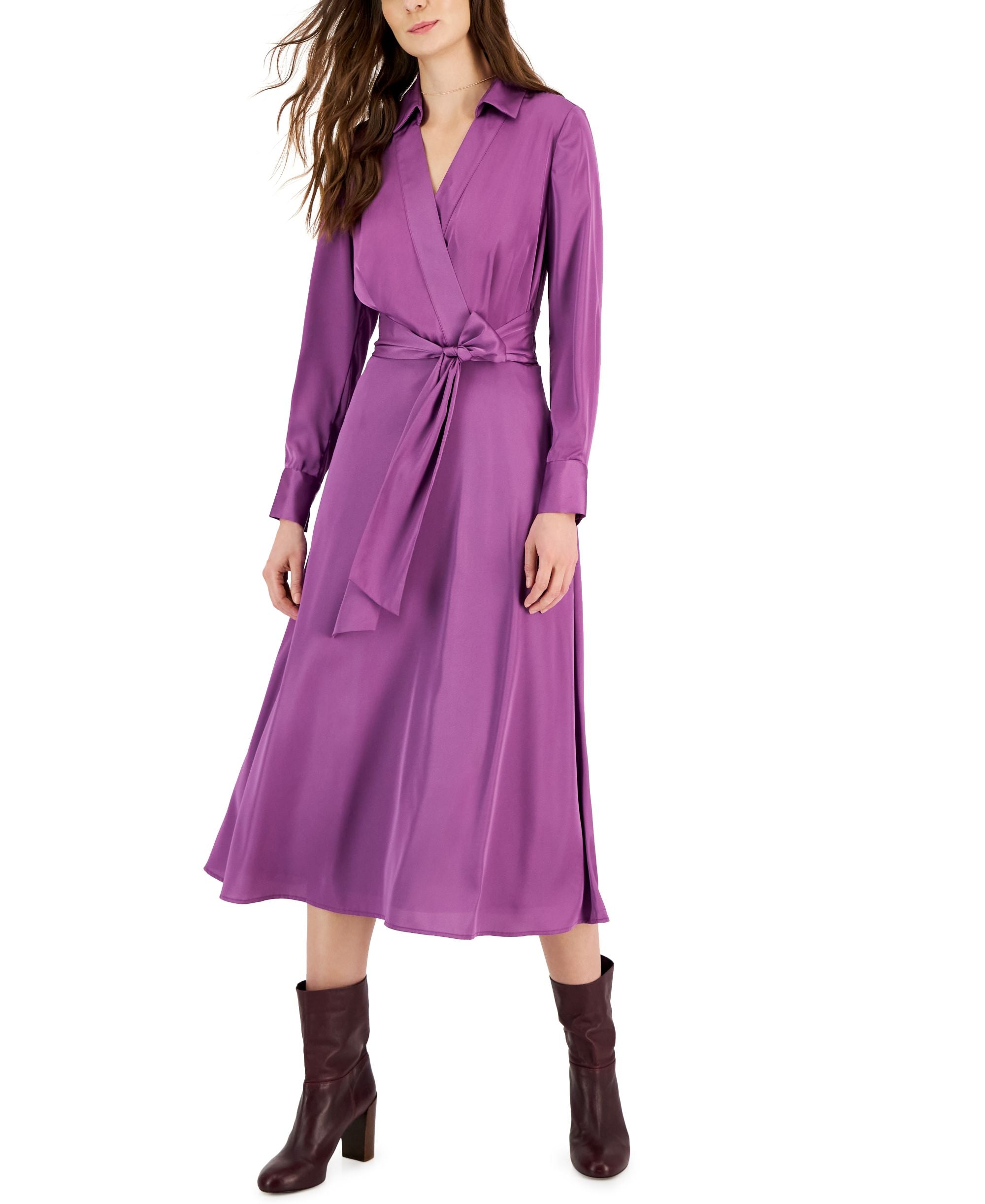TAHARI ASL Tie Front Long Sleeve V-Neck Satin Shirtdress