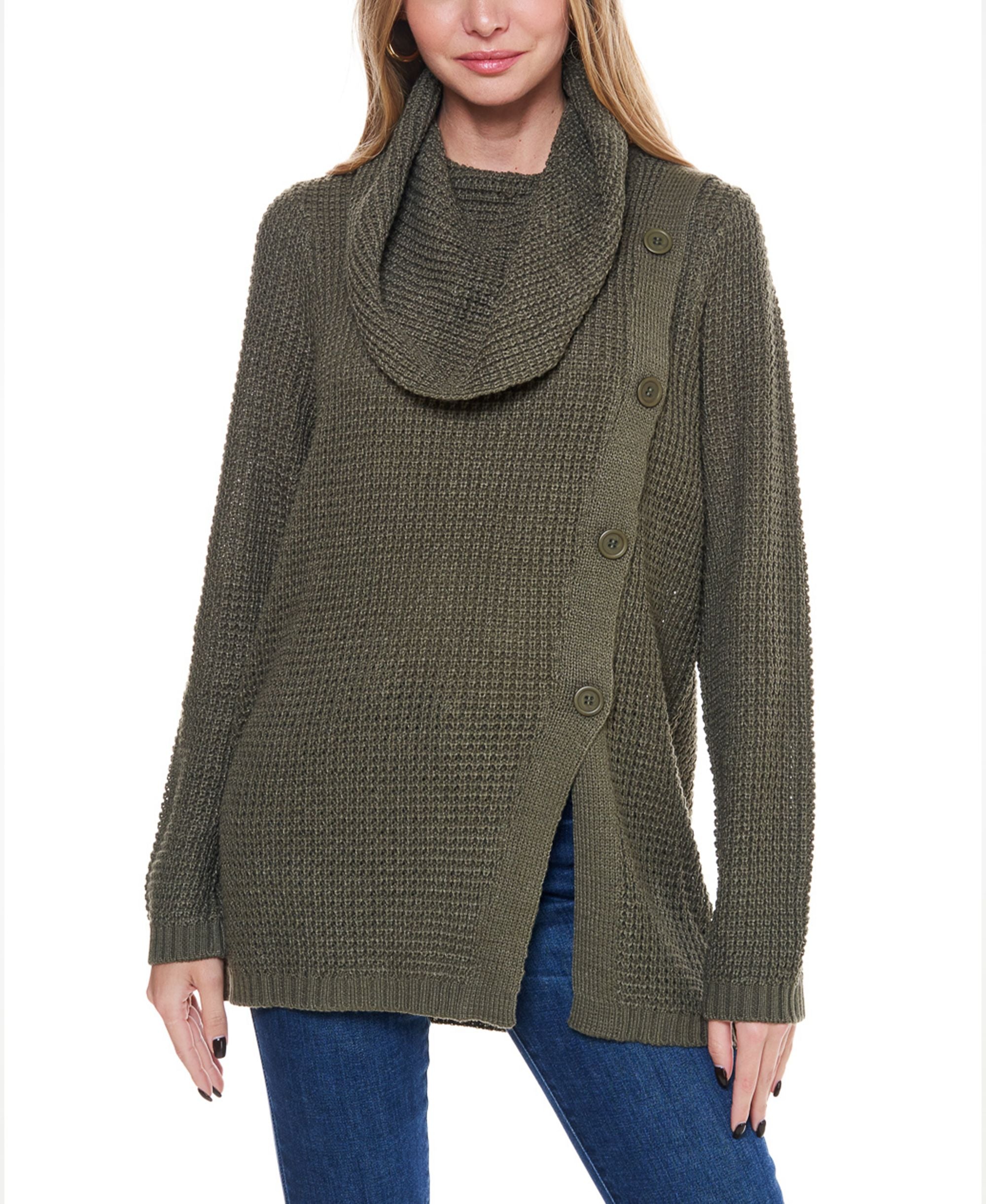 Fever Womens Waffle Knit Cowl Neck Sweater With Buttons