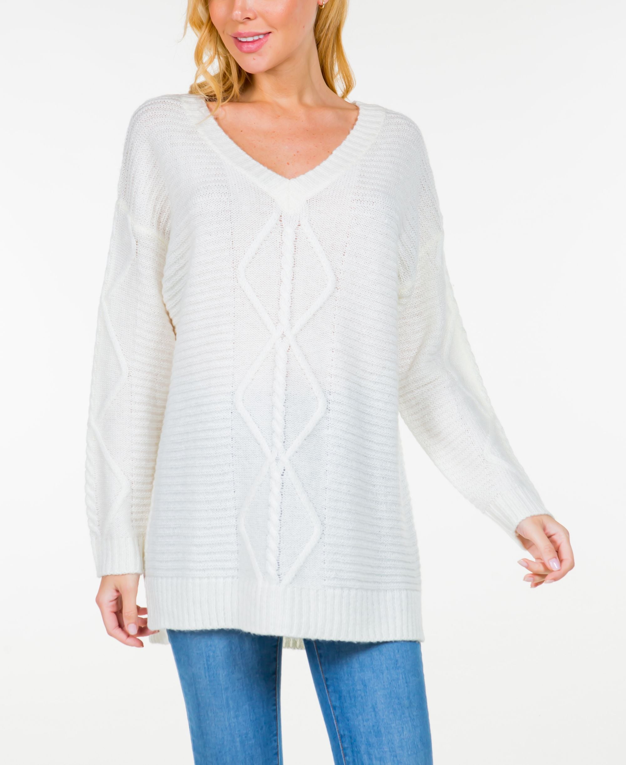 Fever Womens Rib Cable Knit Long Sleeve V Neck Sweater