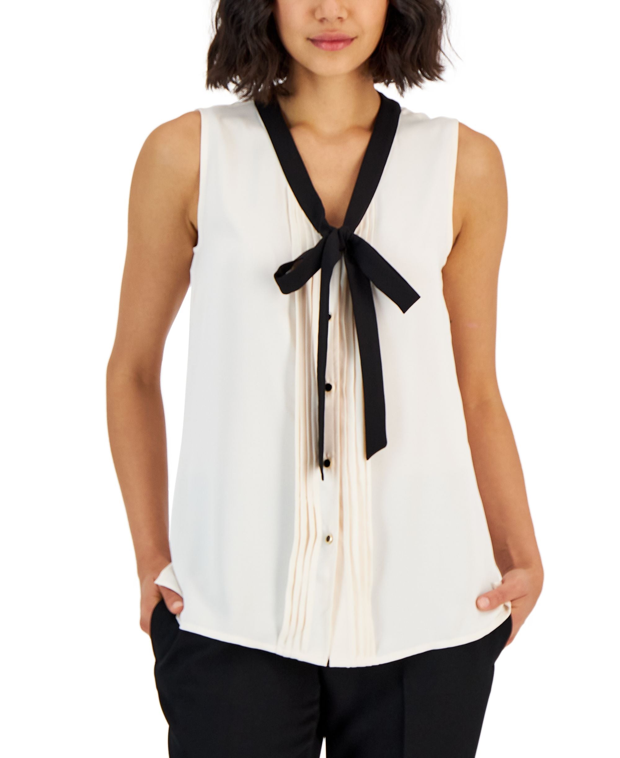 Women's Tie V-Neck Sleeveless Button-Up Blouse