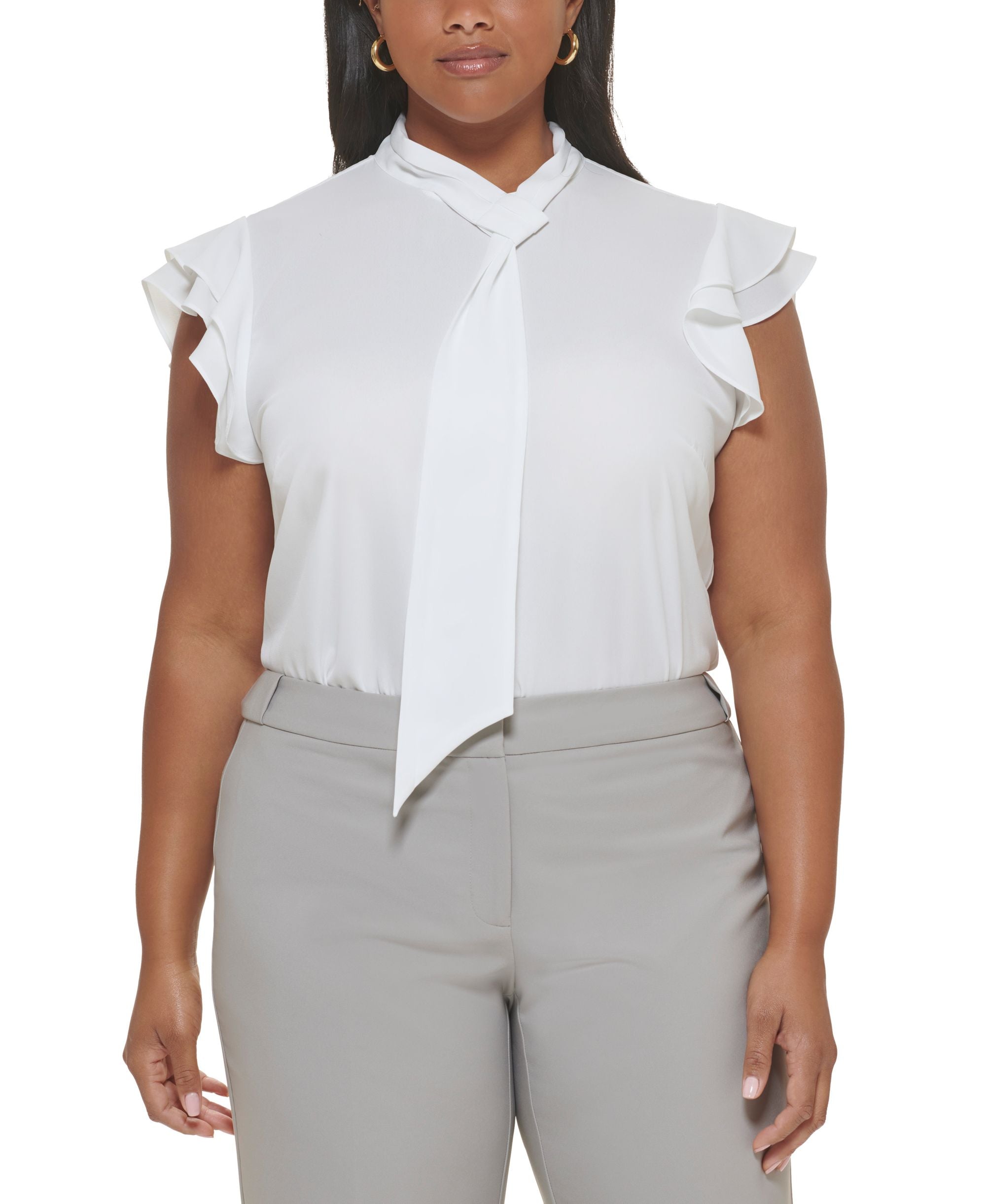Plus Size Tie-Neck Ruffle Cap-Sleeve Top