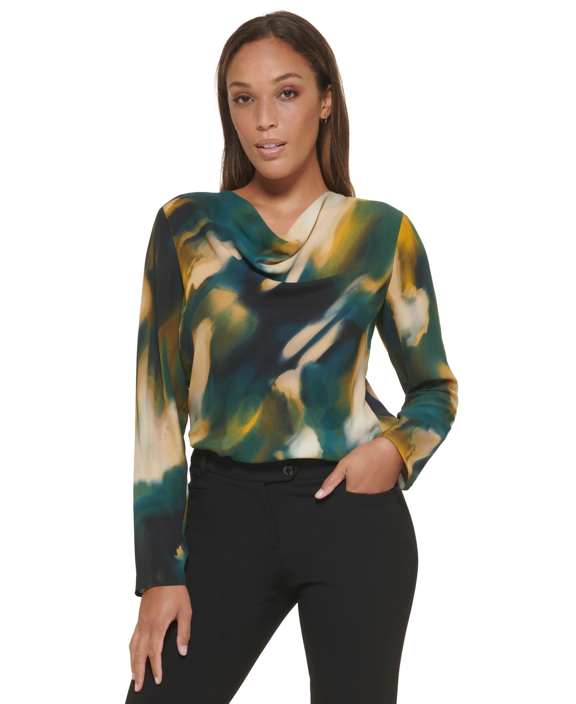 Calvin Klein Womens Printed Cowlneck Long Sleeve Top