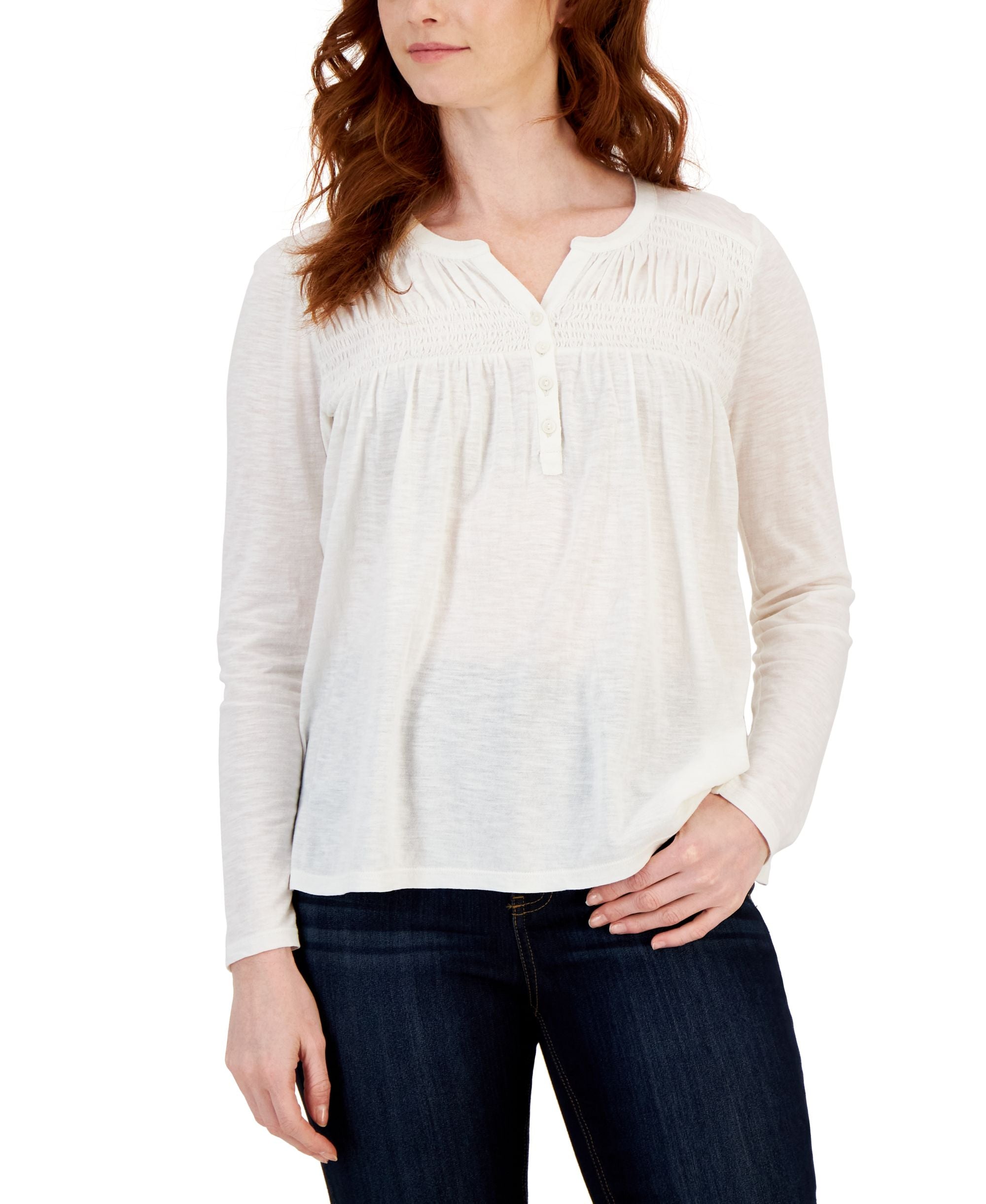 Petite Knit Smocked Long-Sleeve Top