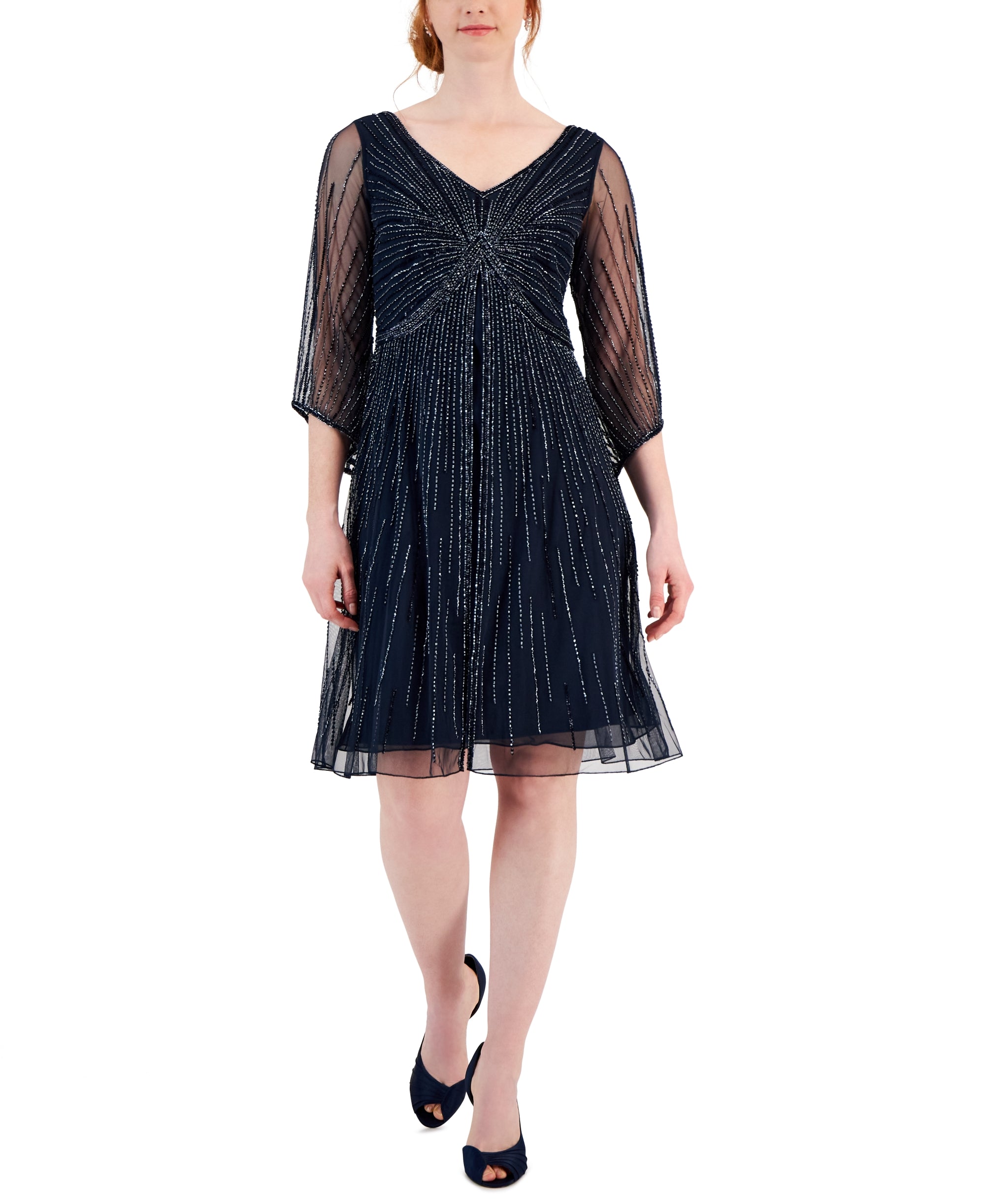 Women's Embellished V-Neck 3/4-Sleeve Dress
