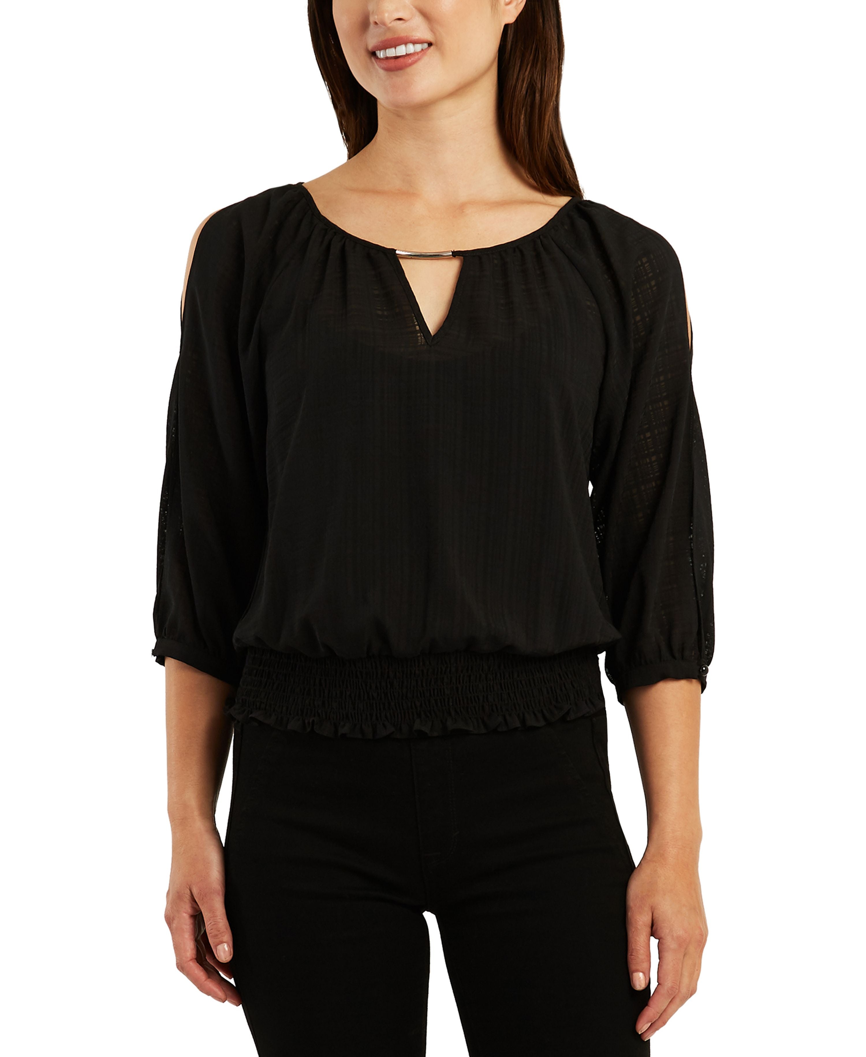 Juniors' Hardware-Trimmed Keyhole Split-Shoulder Top