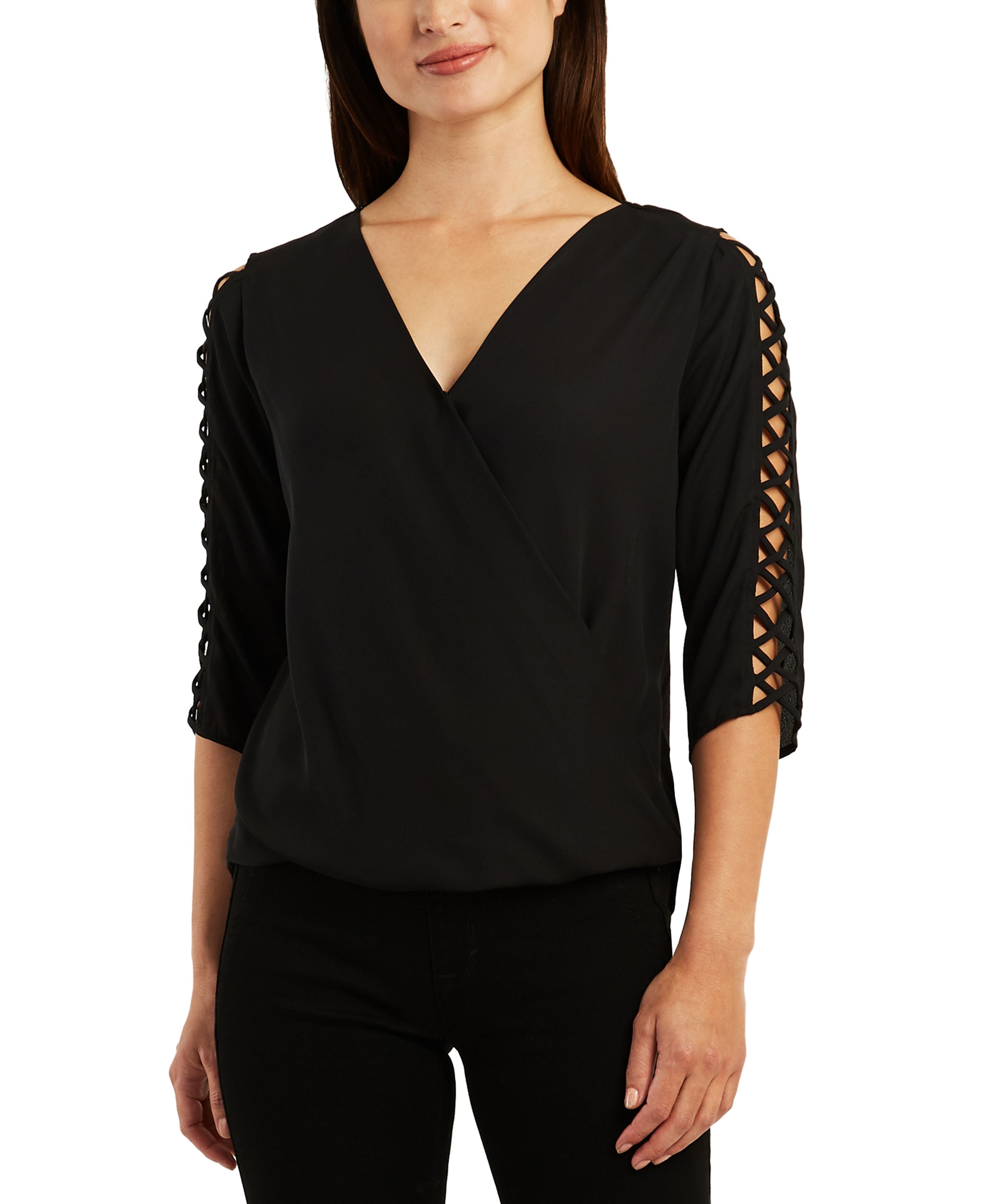 Juniors' Surplice V-Neck Latticed 3/4-Sleeve Top
