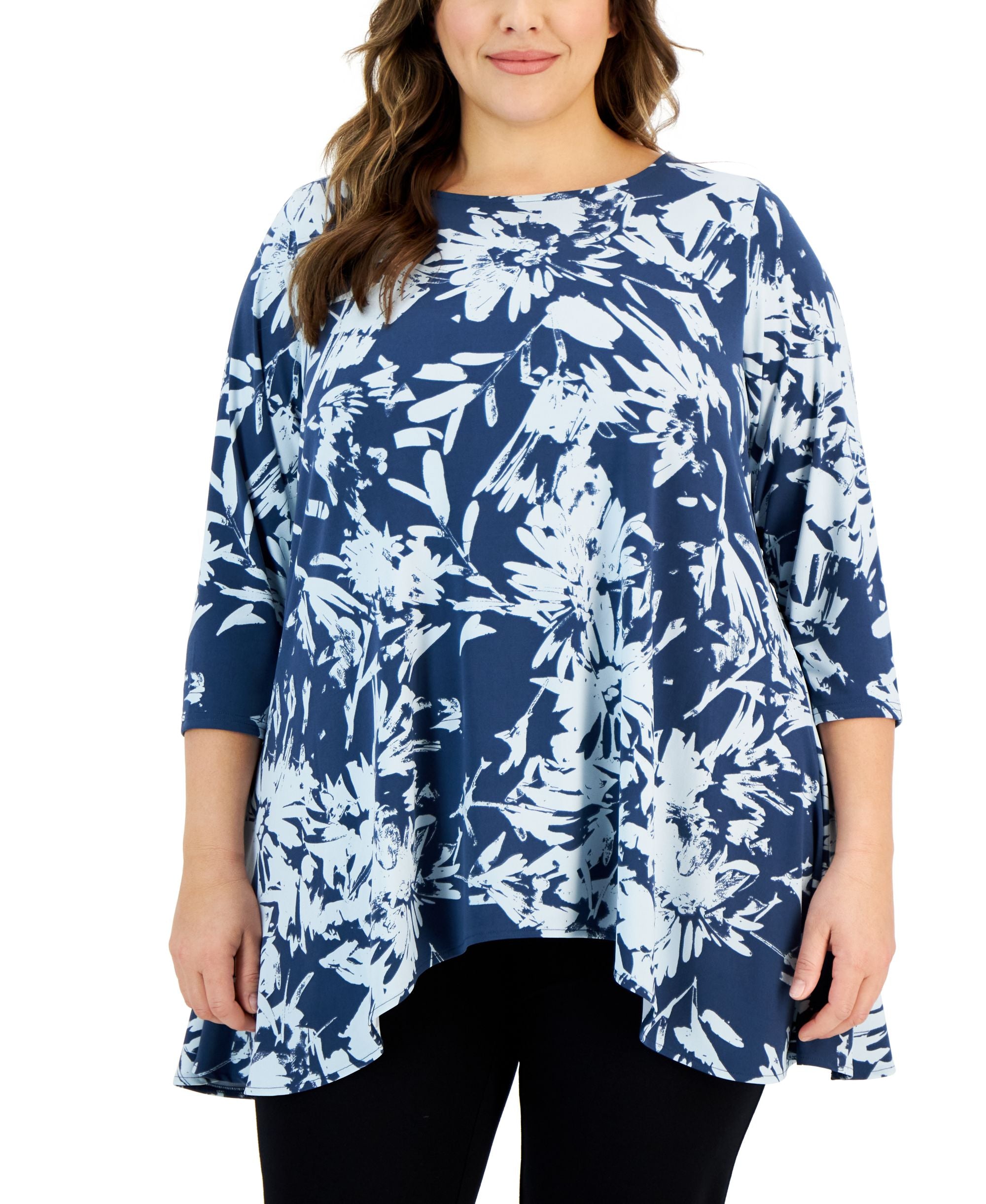Plus Size Printed 3/4-Sleeve Draped-Hem Top