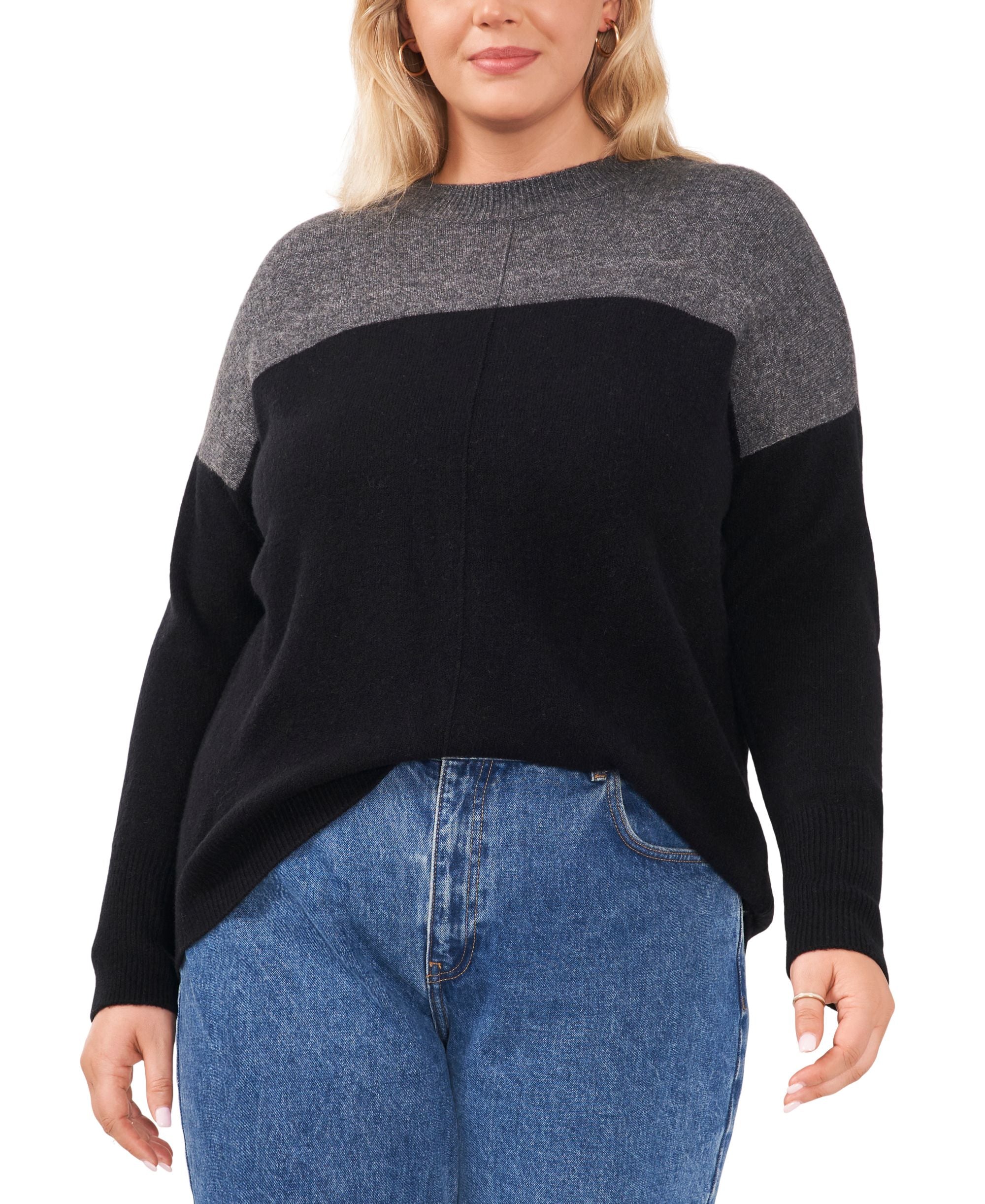 Plus Size Cozy Extended Shoulder Color Blocked Sweater
