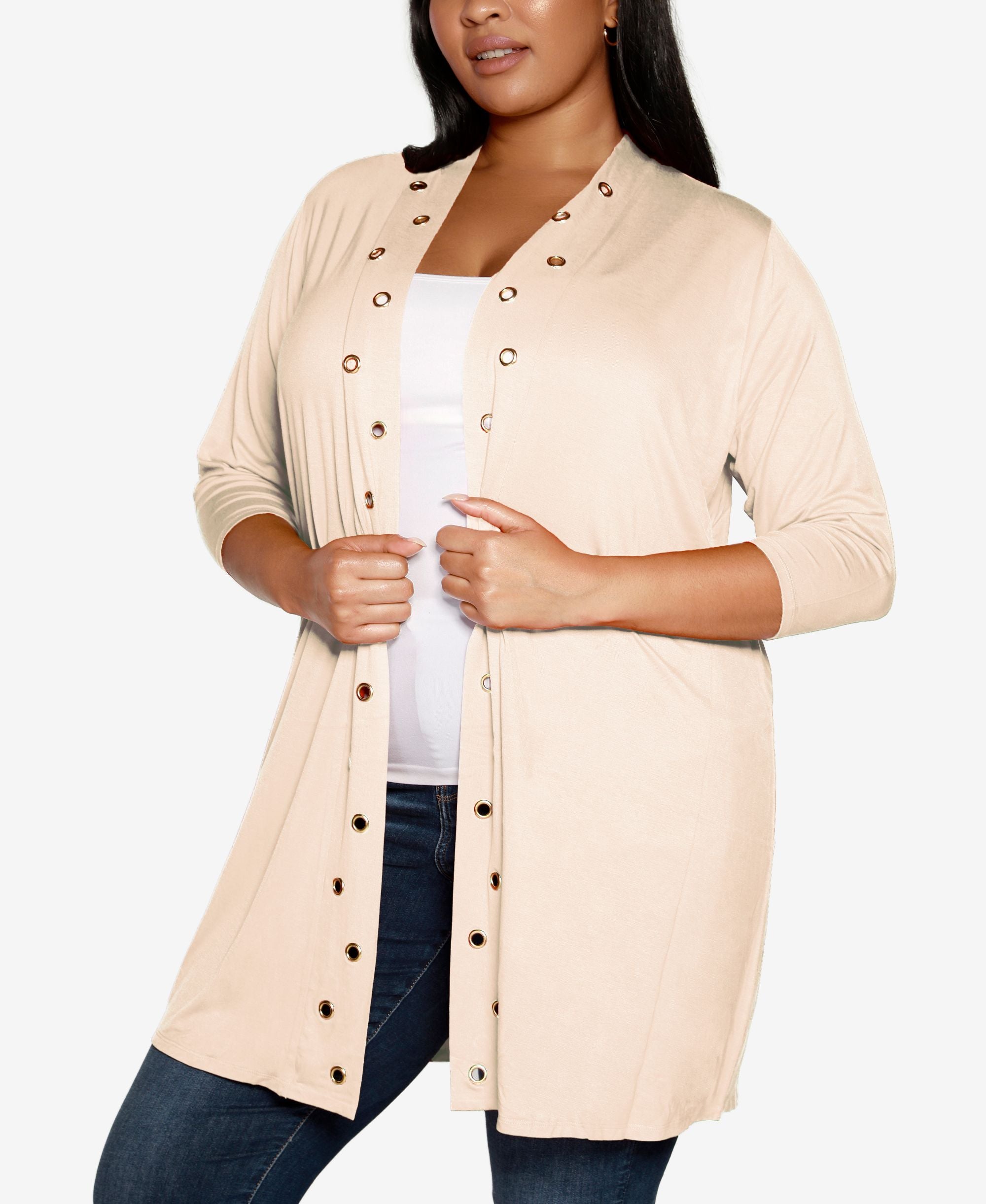 Plus Size Grommet-Trim Open-Front Hacci Cardigan