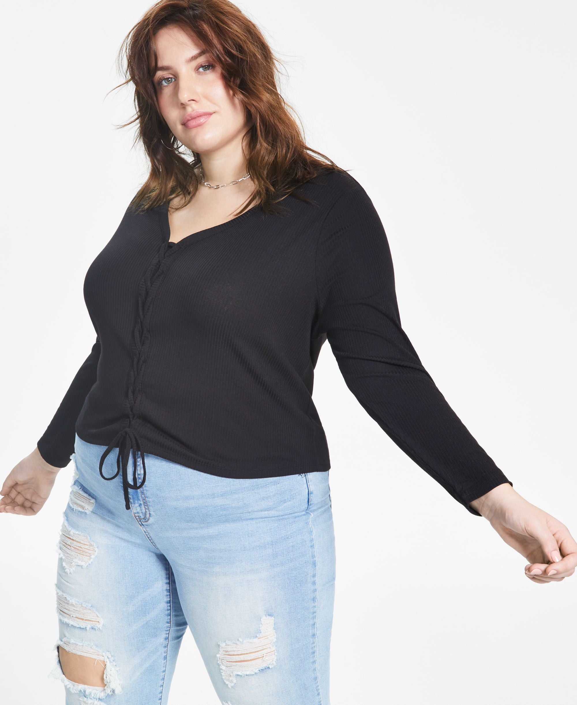 Trendy Plus Size Ribbed V-Neck Lace-Up Top