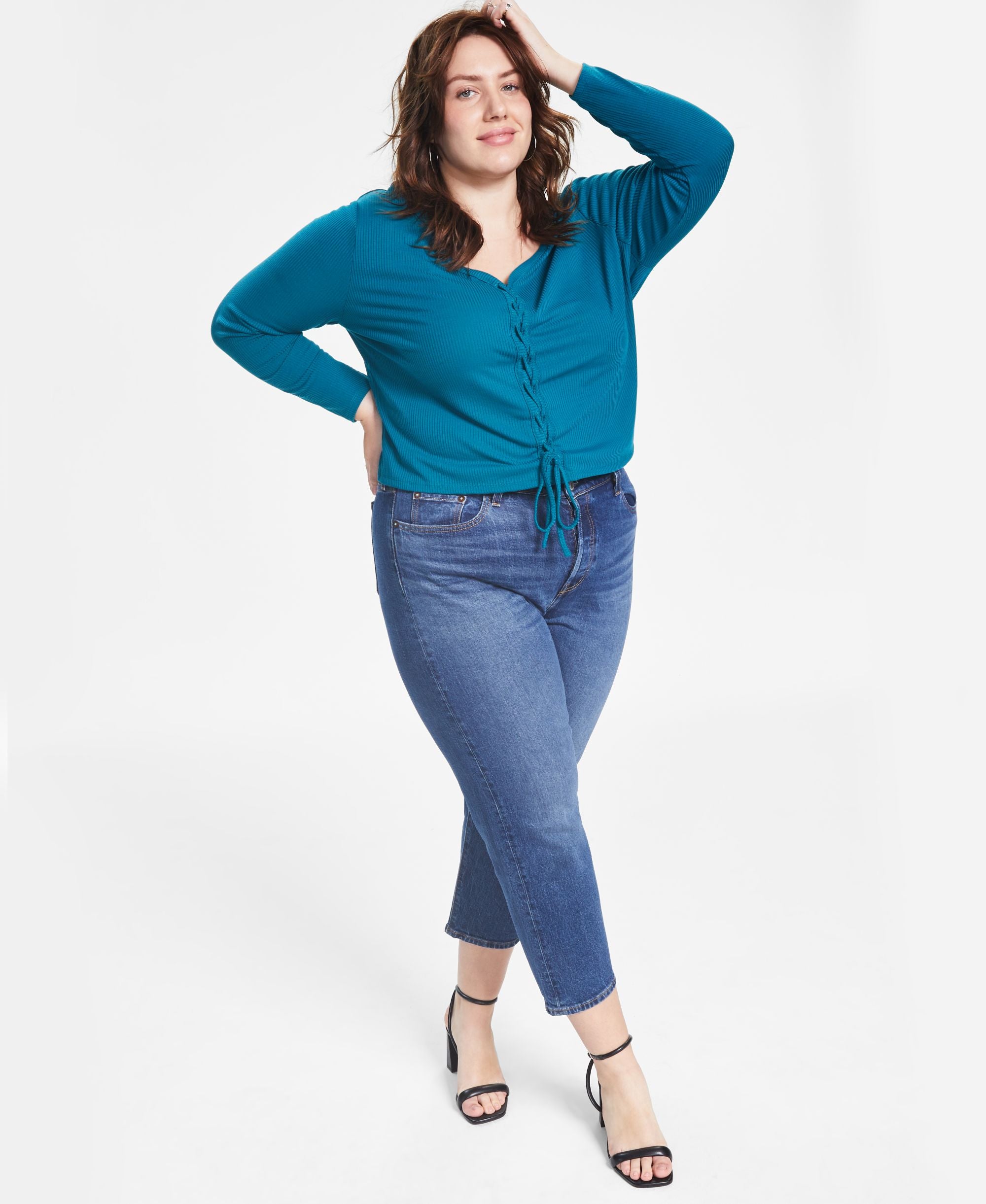 Trendy Plus Size Ribbed V-Neck Lace-Up Top