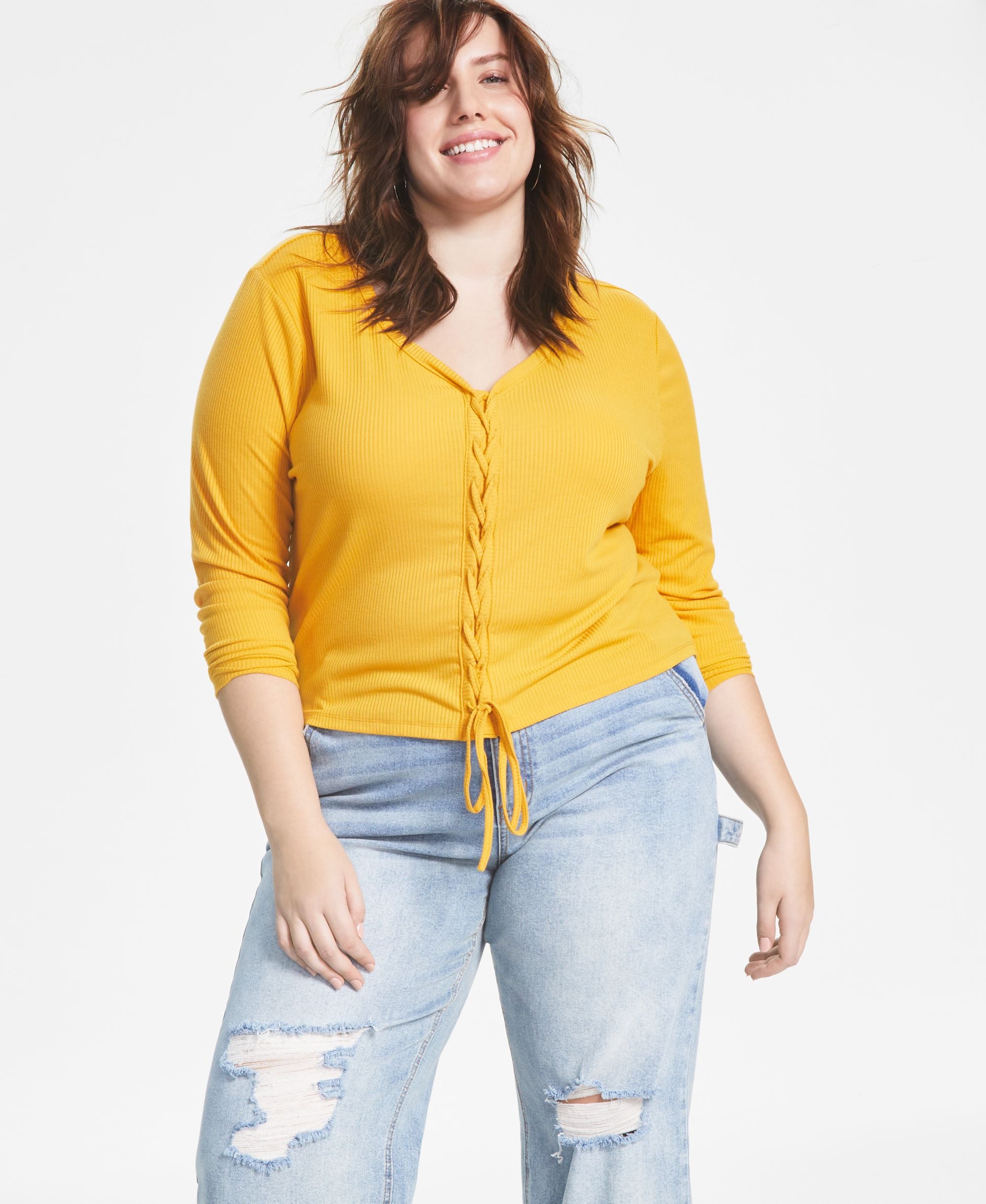 Trendy Plus Size Ribbed V-Neck Lace-Up Top