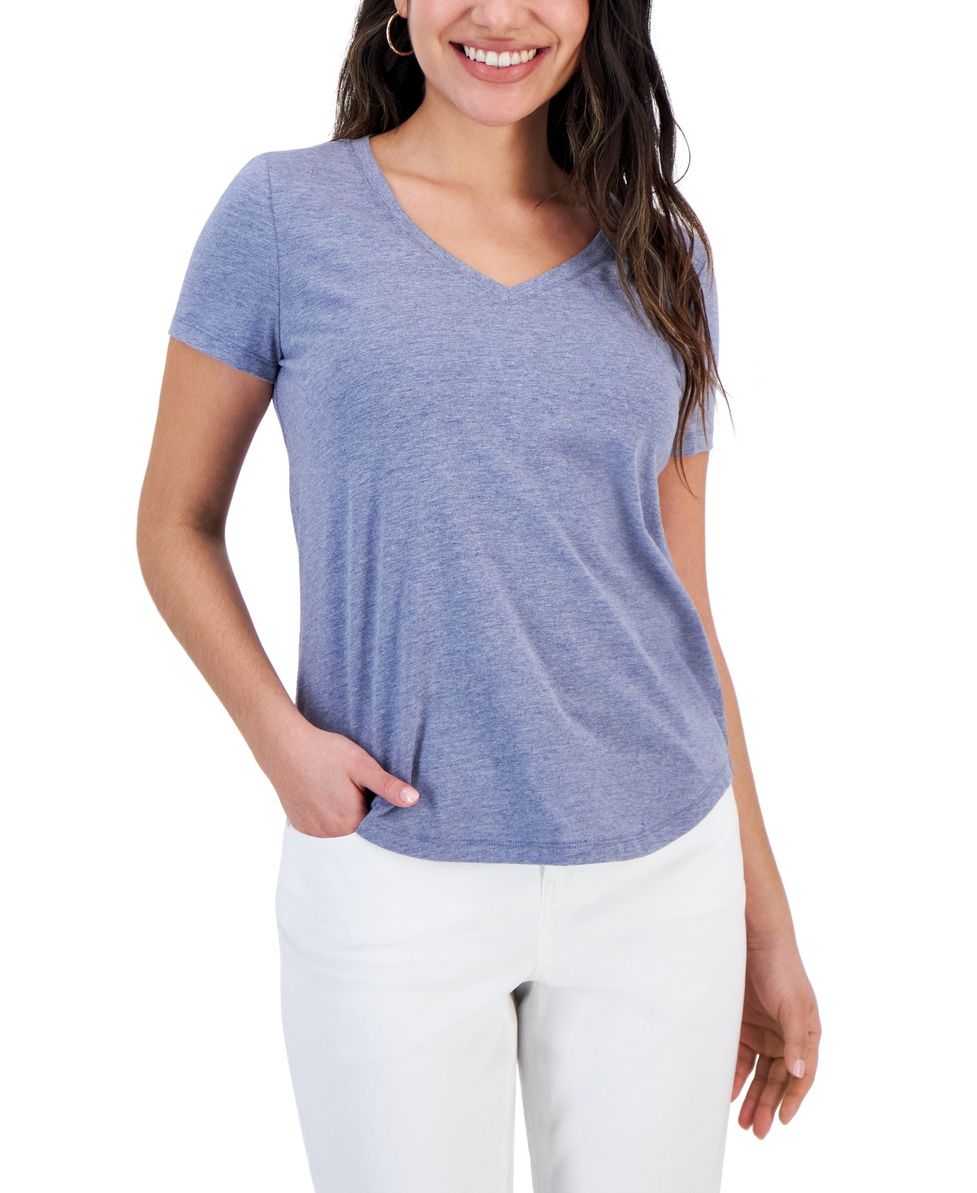 Style & Co Petite Cloud Print V Neck Perfect T-Shirt