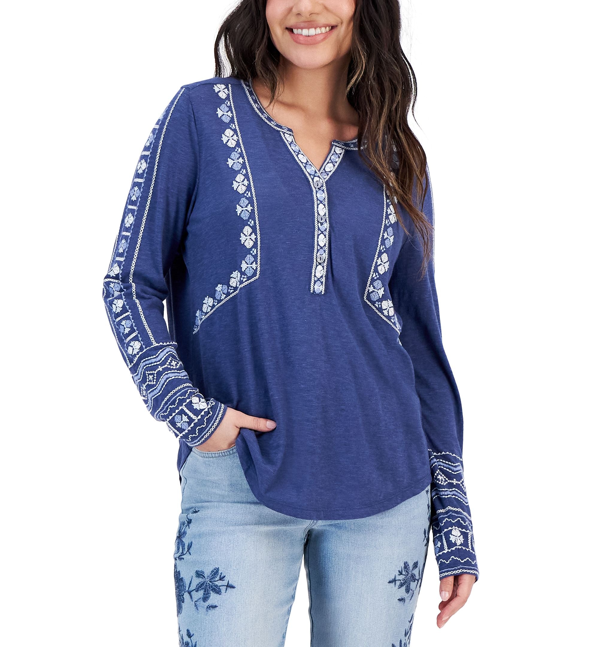Style & Co Petite Embroidered Henley Neck Top