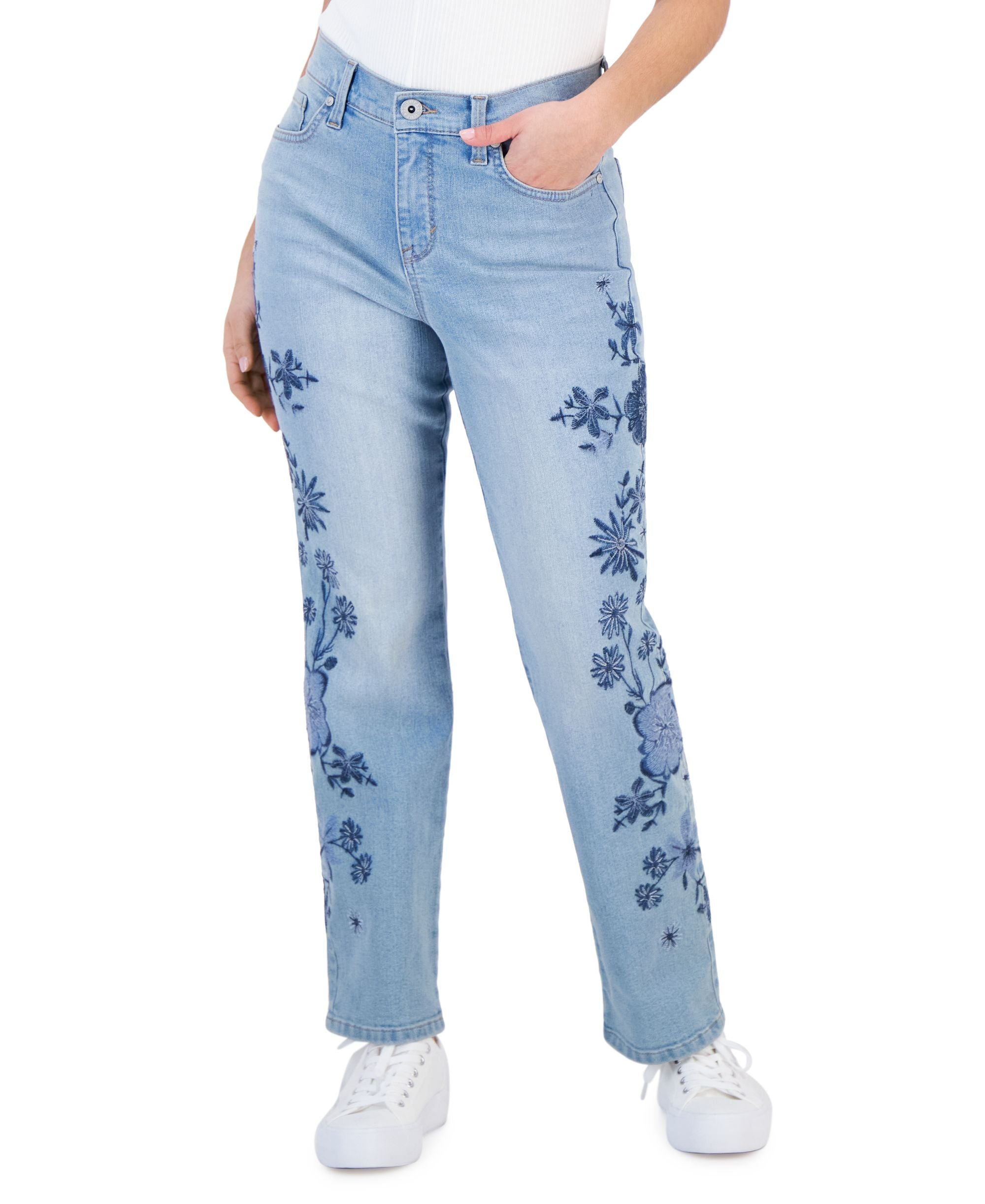 Petite High-Rise Embroidered Straight-Leg Jeans