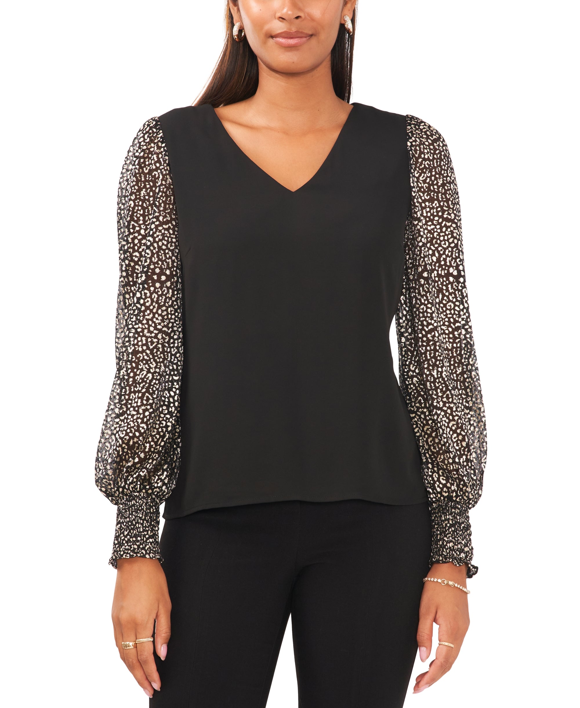 Women's Printed Chiffon-Sleeve V-Neck Top