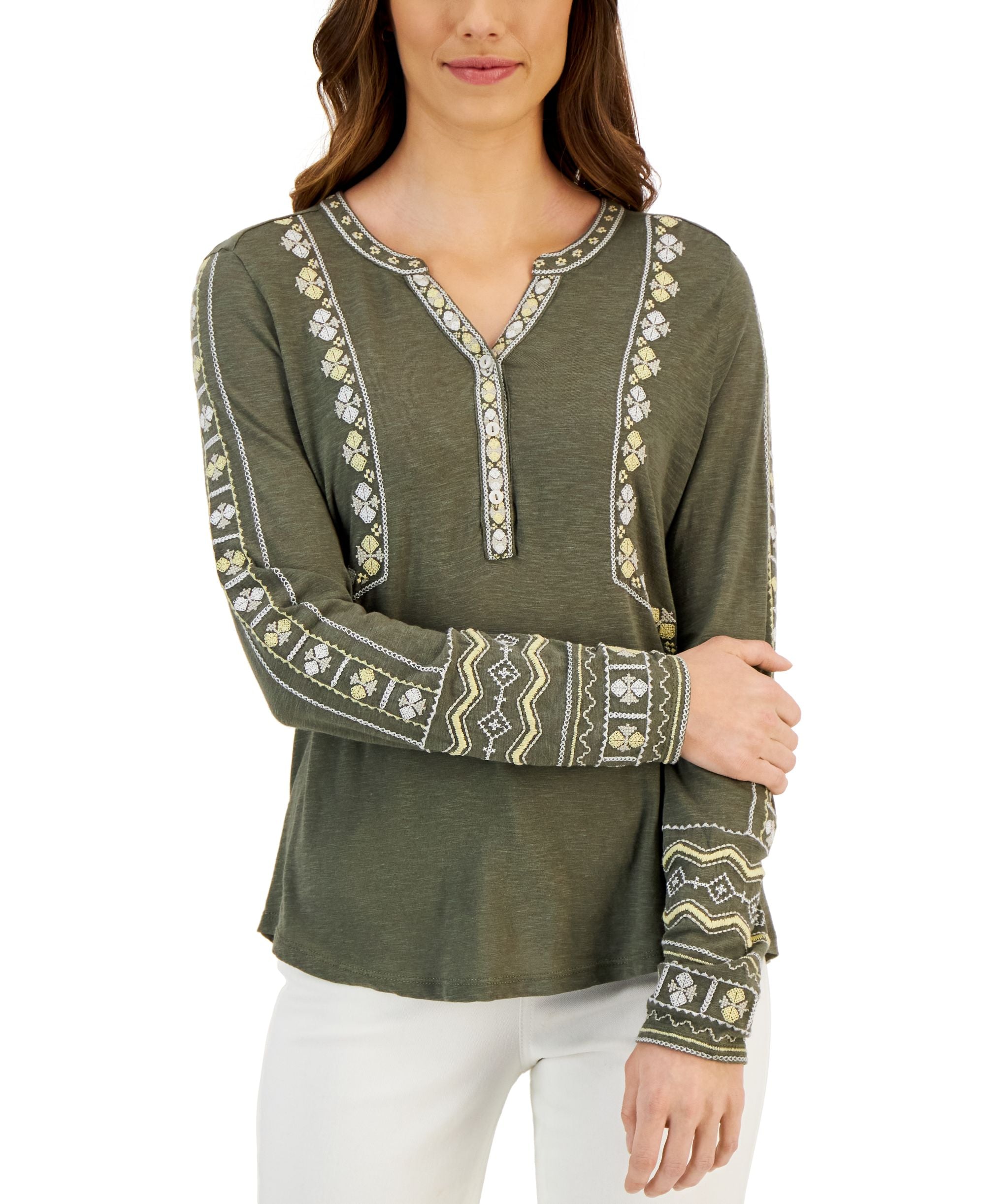 Petite Embroidered Henley-Neck Top