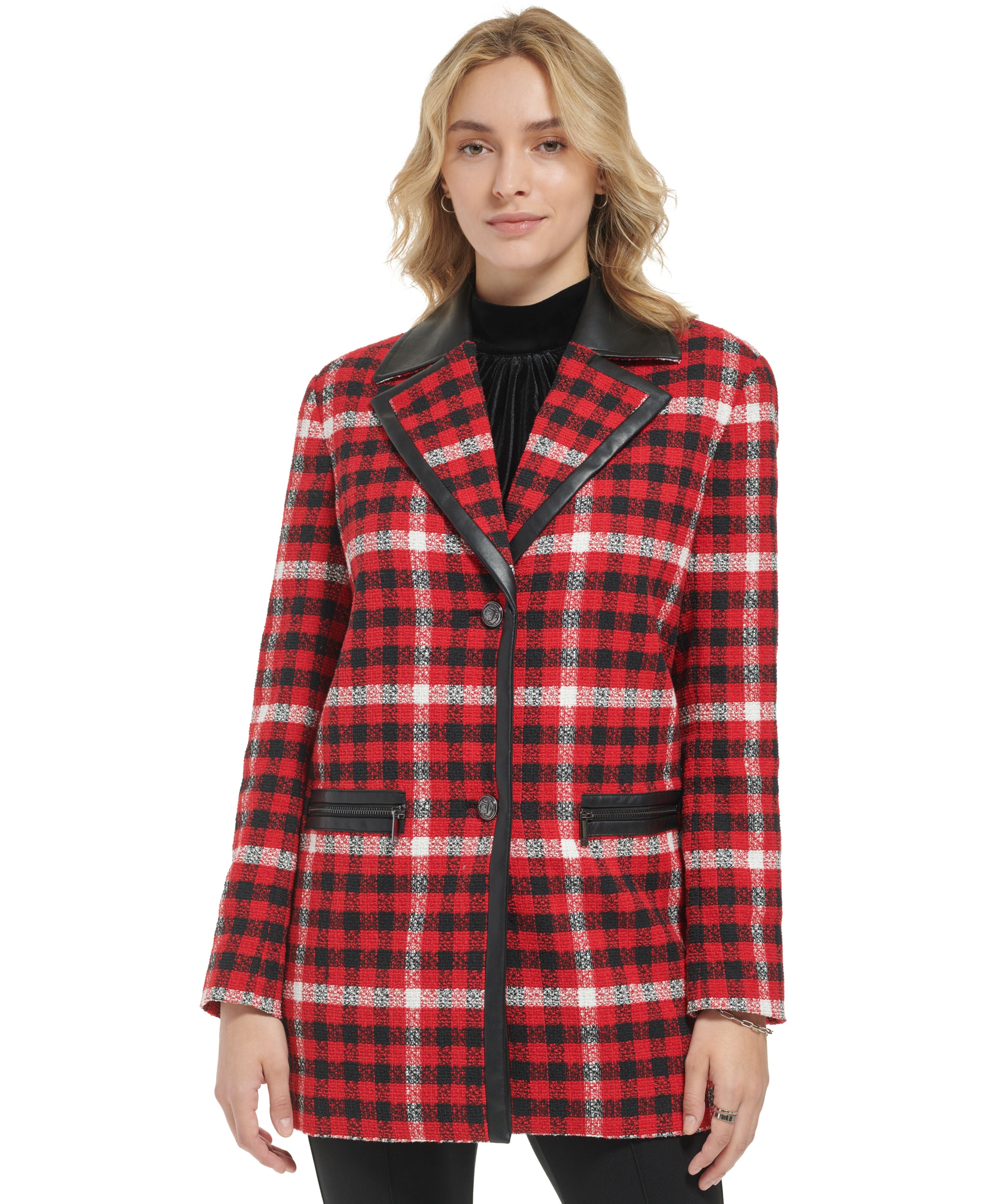 Women's Contrast-Trim Plaid Jacket