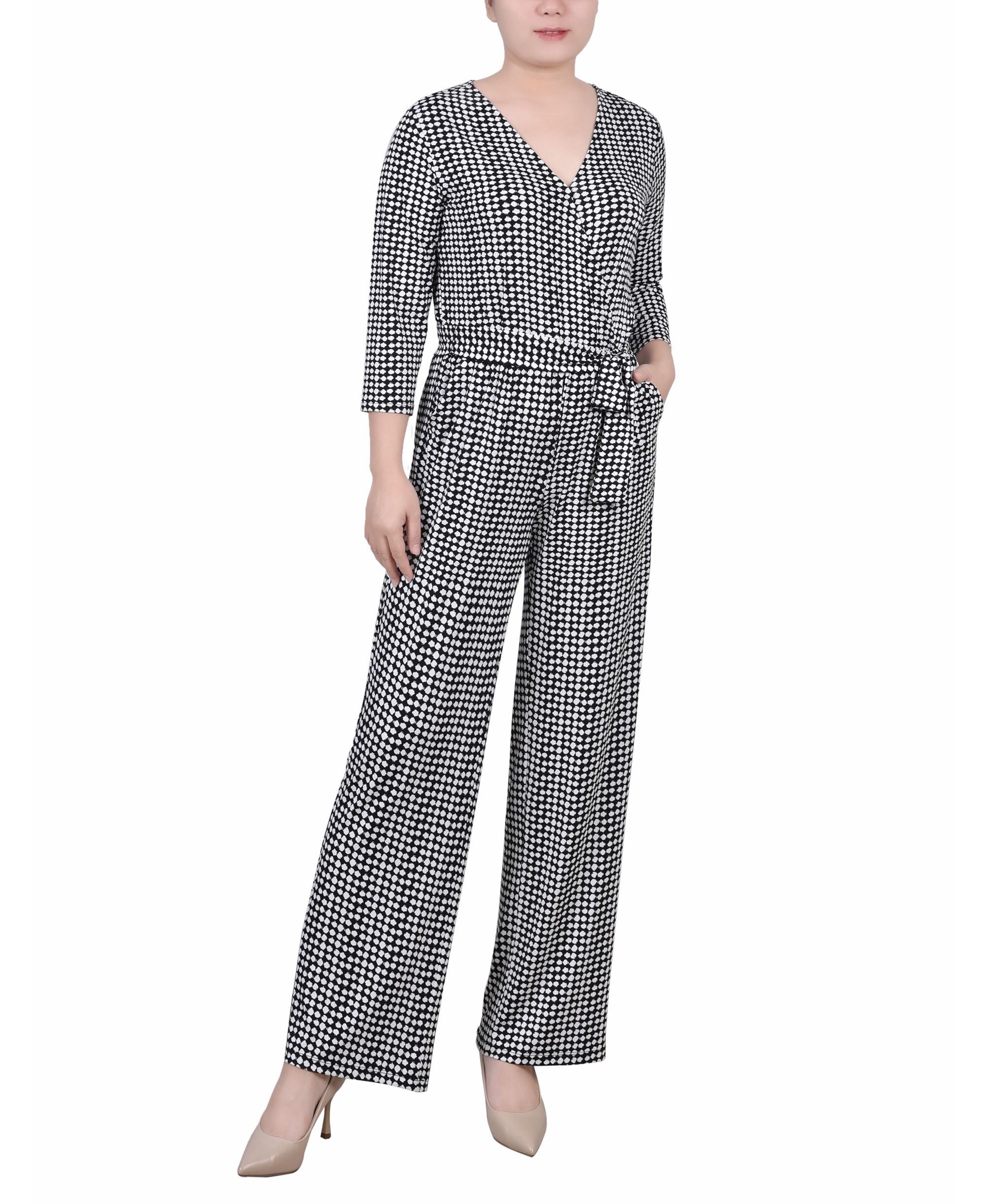 Petite Short 3/4 Sleeve Belted Wide Leg Jumpsuit