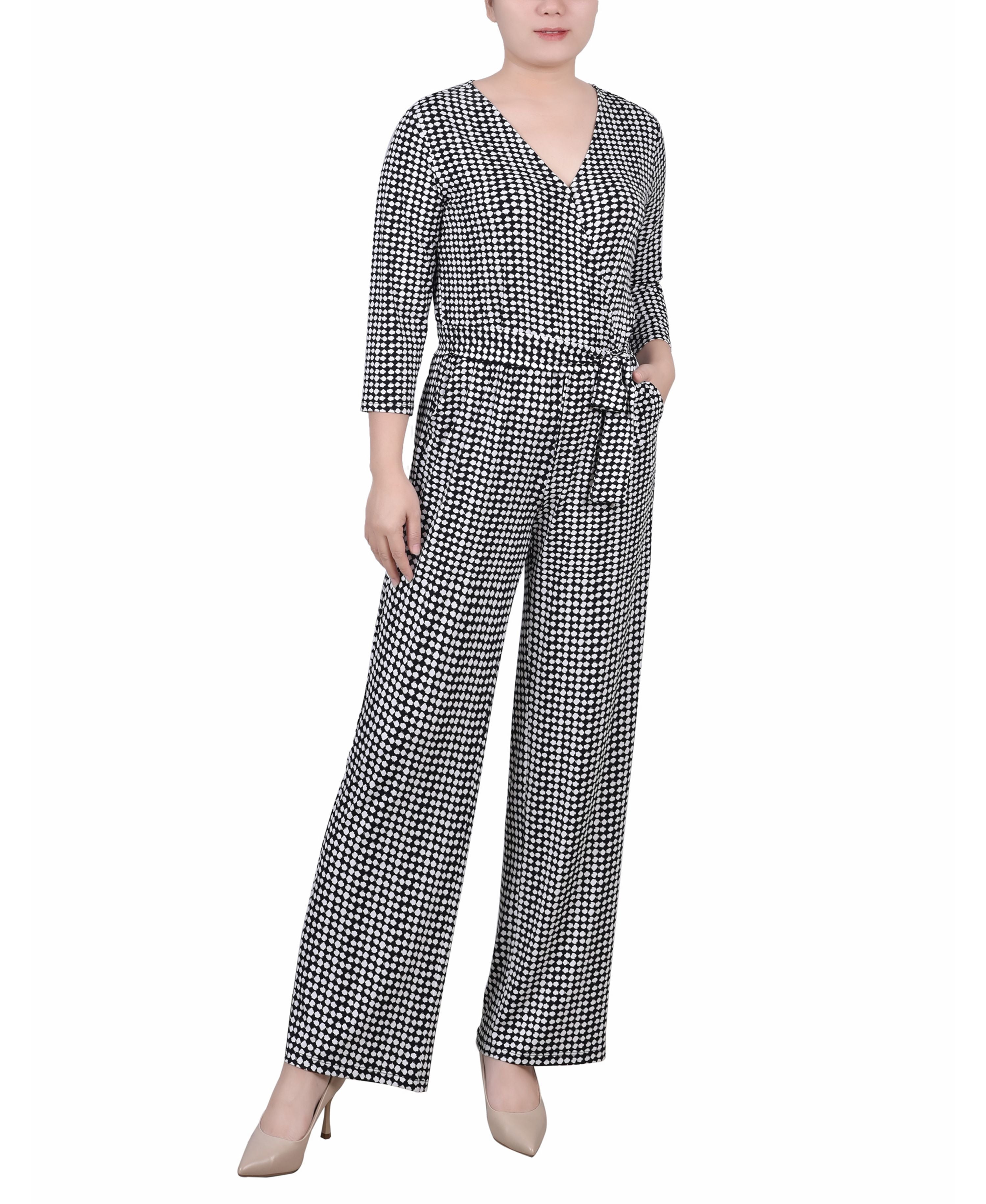 Petite Short 3/4 Sleeve Belted Wide Leg Jumpsuit