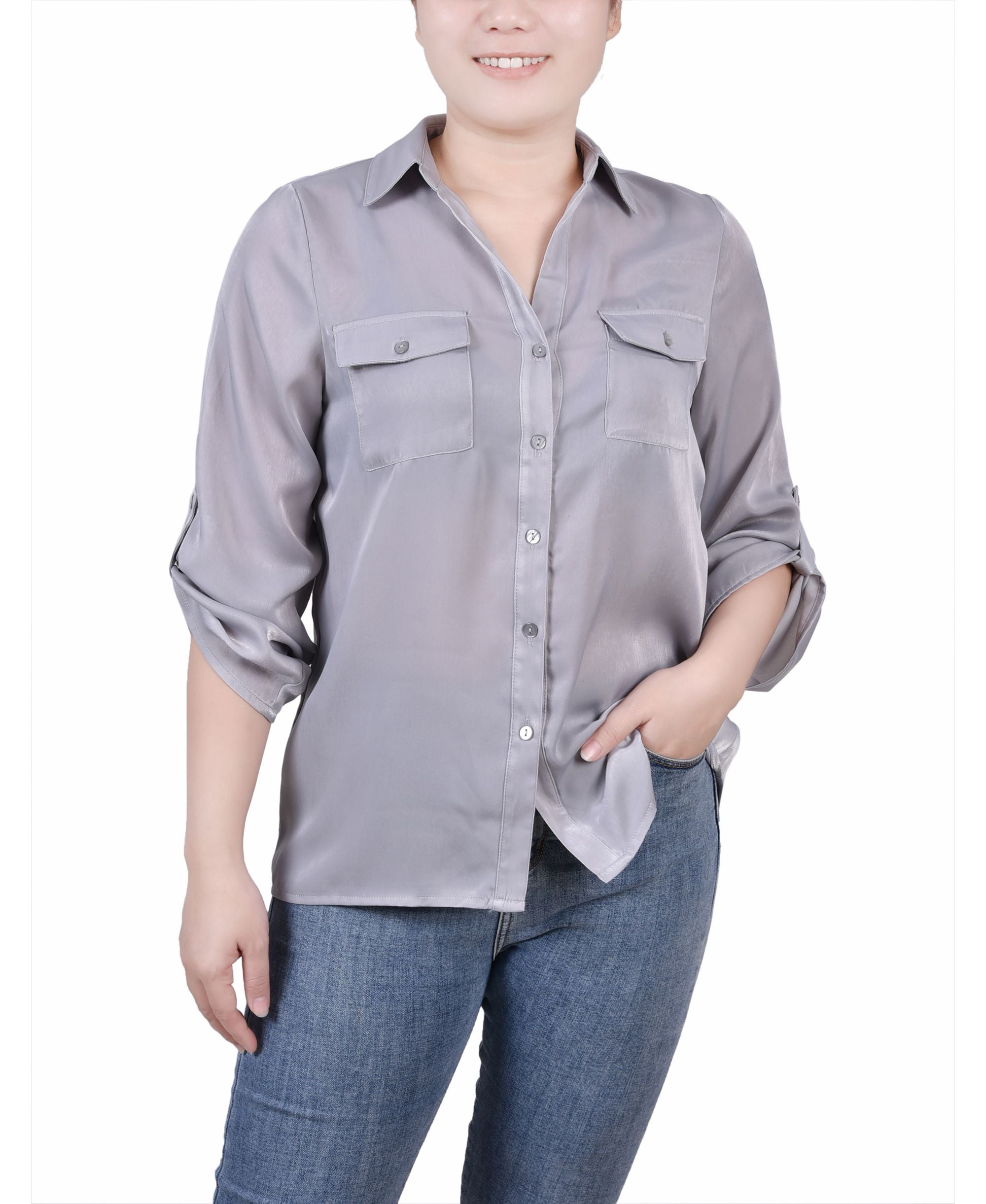 NY Collection Petite 3/4 Sleeve Satin Blouse