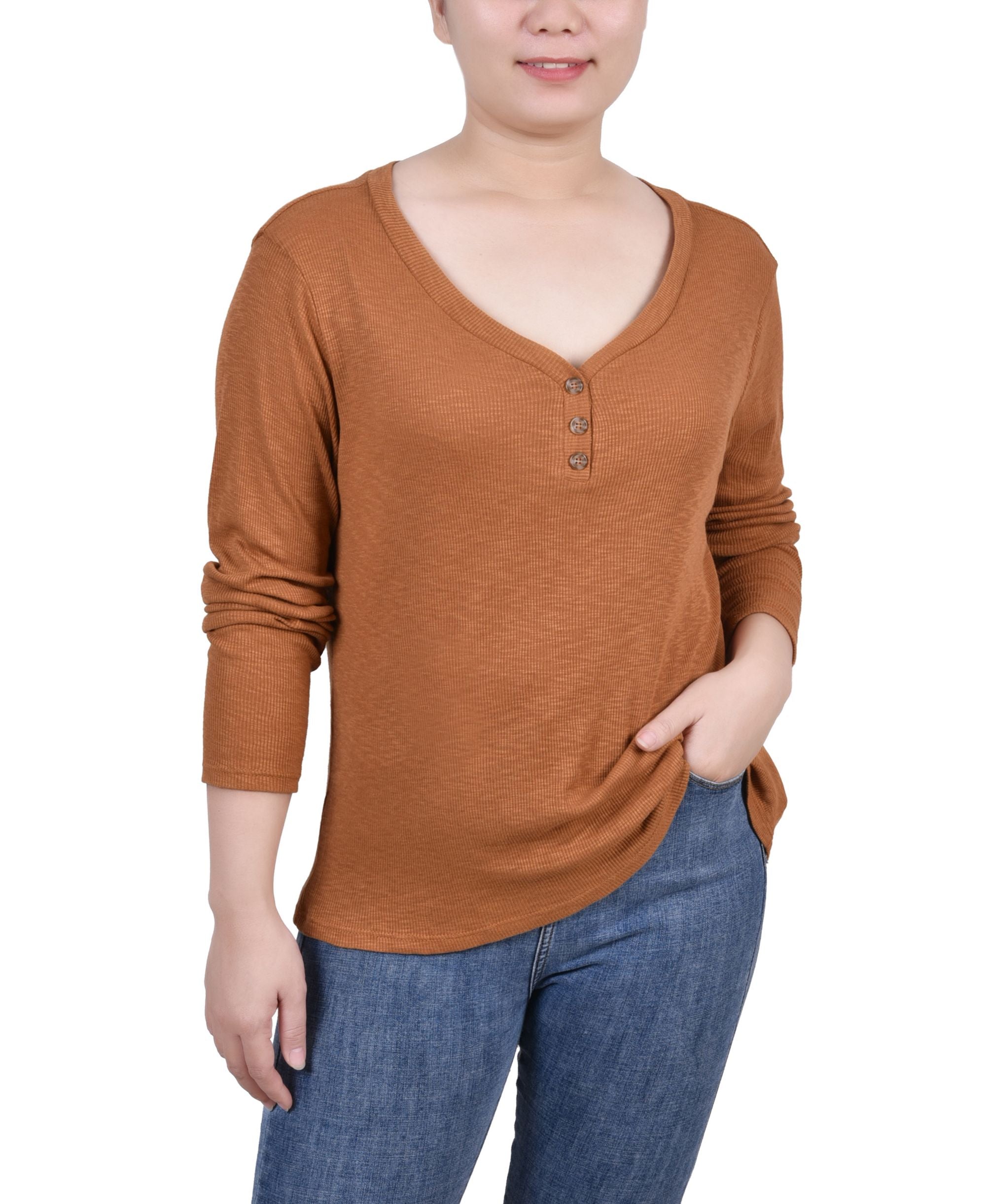 NY Collection Petite Long Sleeve Ribbed Henley Top