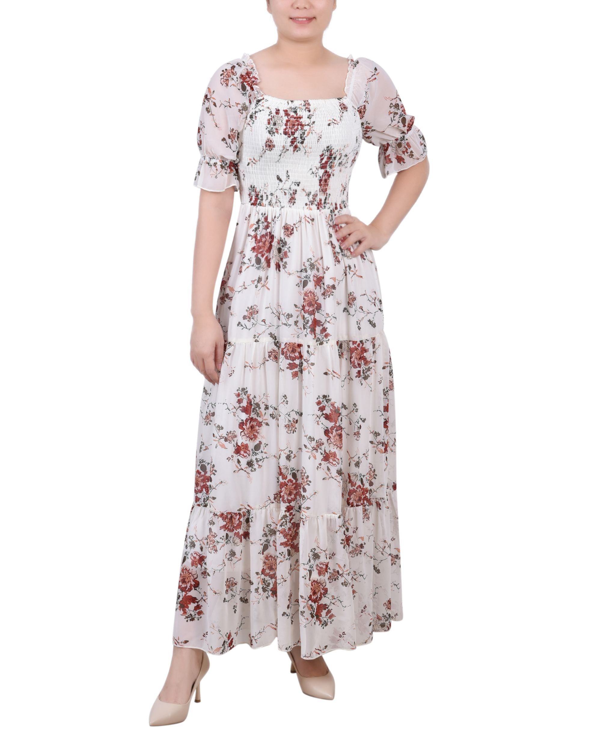 NY Collection Petite Short Sleeve Smocked Maxi Dress