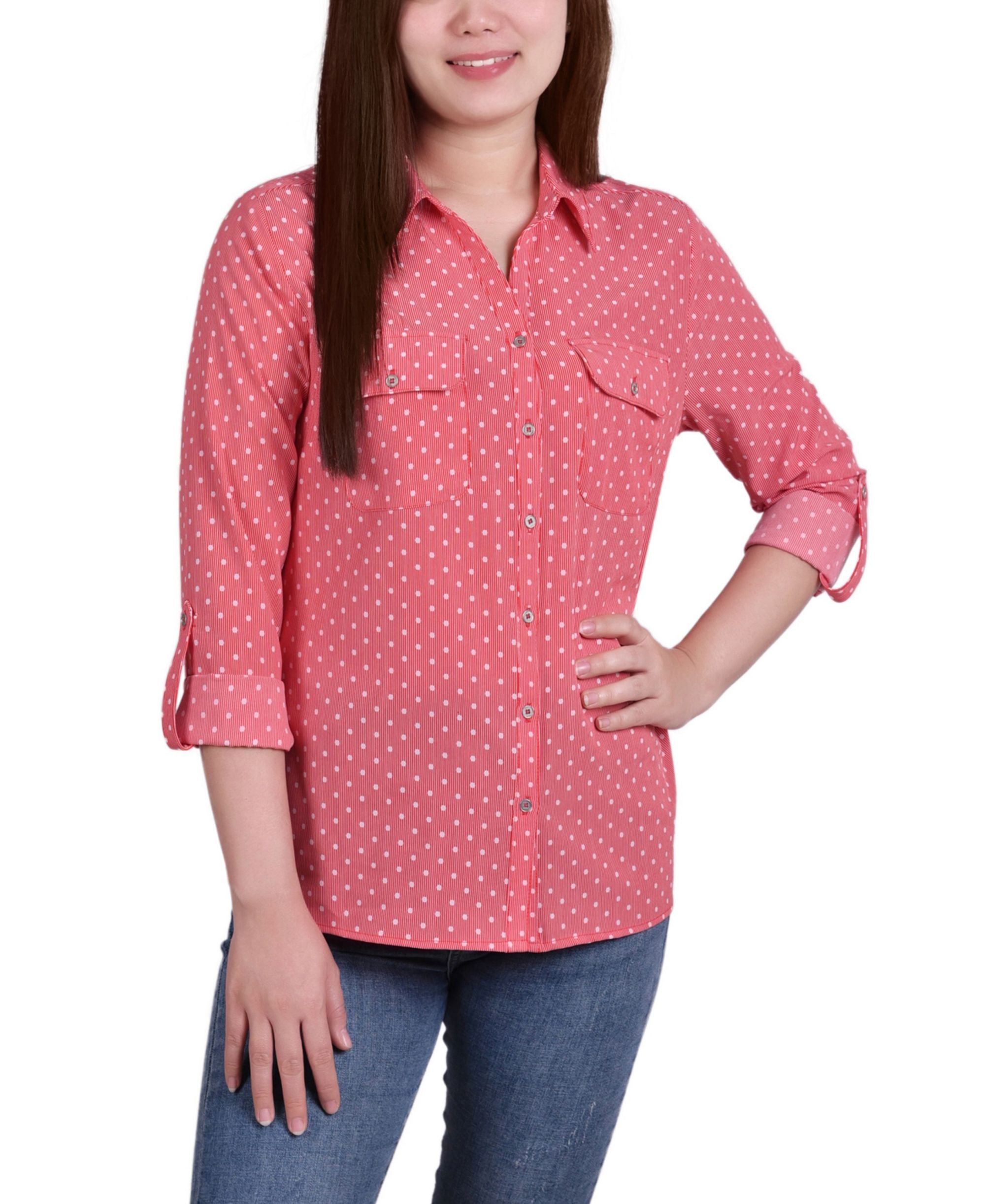 Petite 3/4 Sleeve Roll Tab Notch Collar Blouse