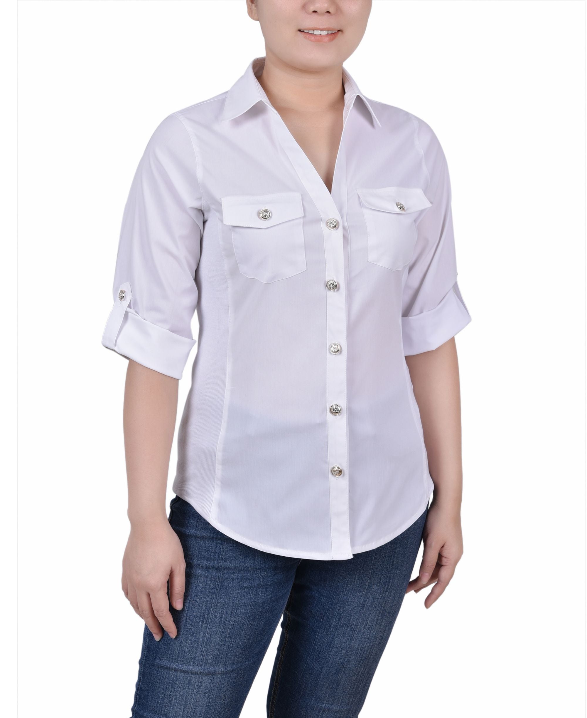 NY Collection Petite Roll Tab Blouse With Rib Insets