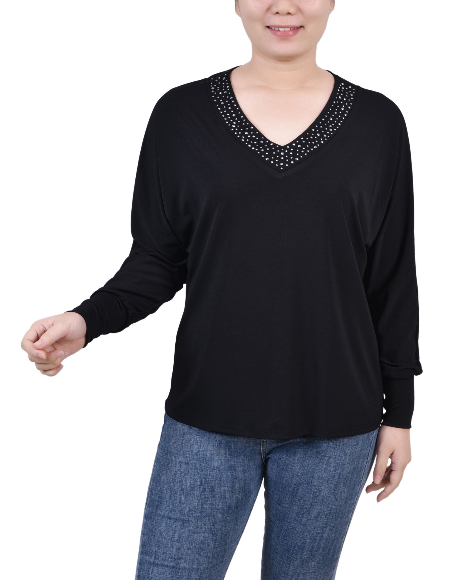 Petite Long Sleeve Studded Top