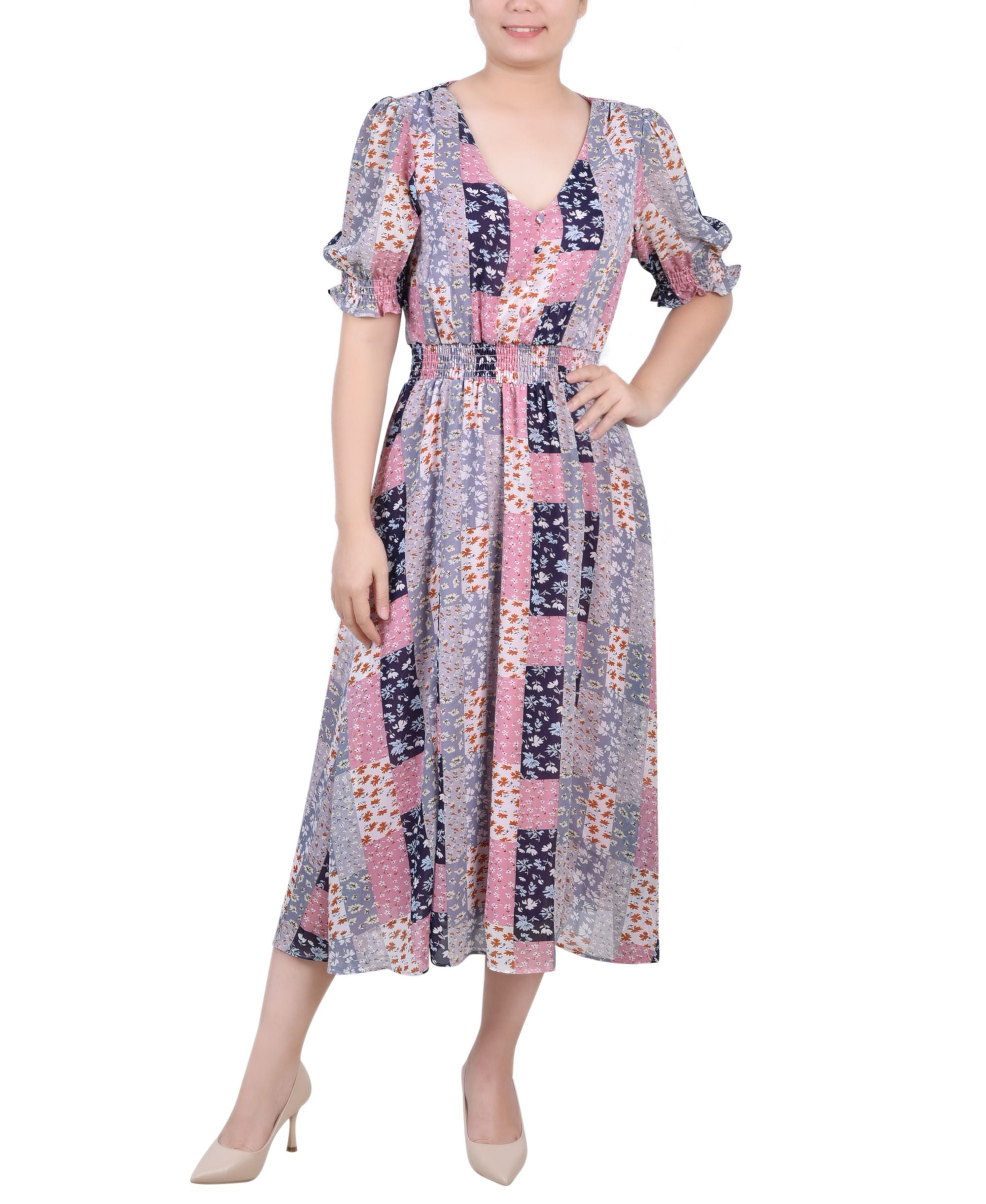 NY Collection Petite Short Puff Sleeve Chiffon Dress