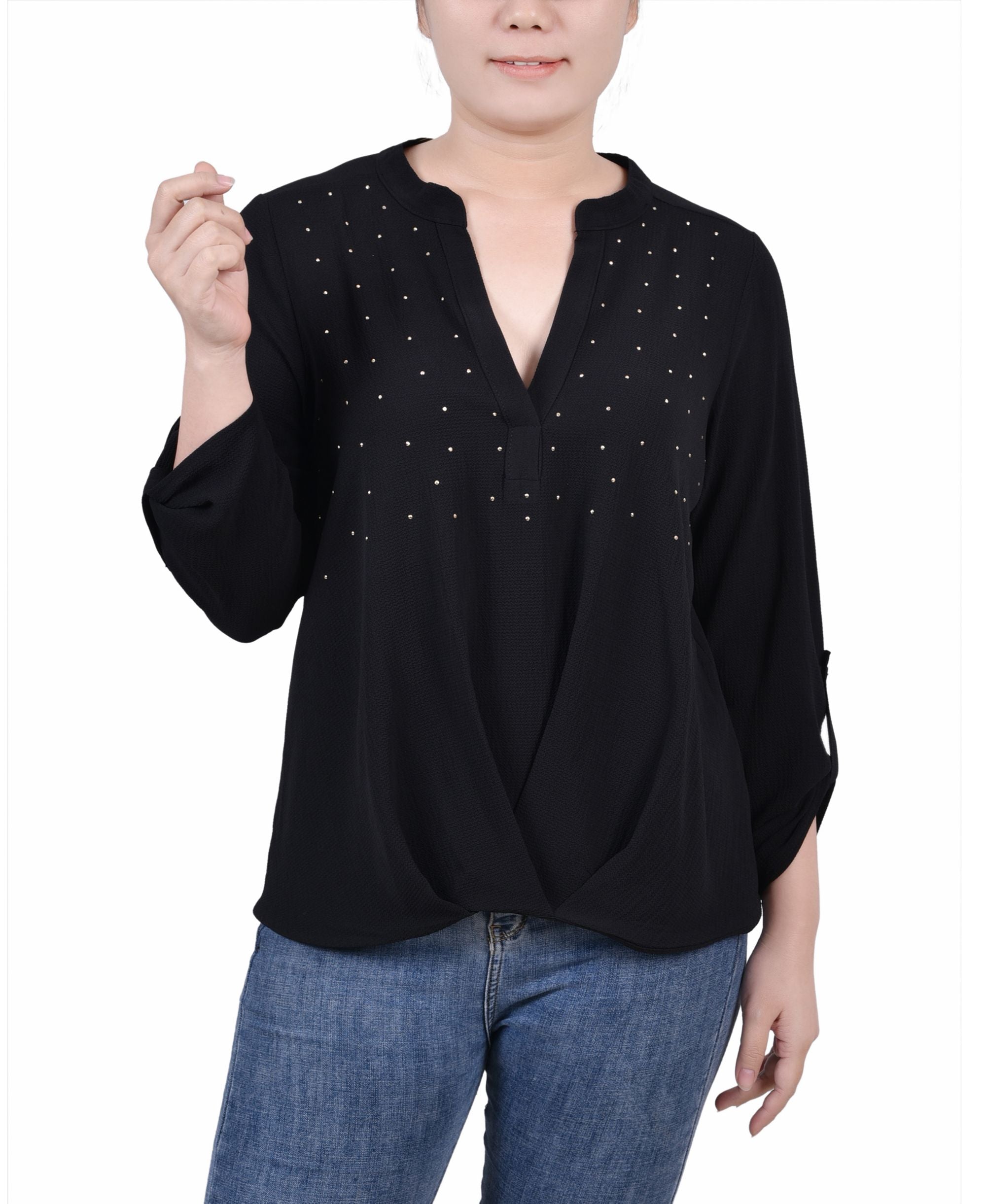 NY Collection Petite 3/4 Sleeve Mandarin Collar Blouse With Front Pleats